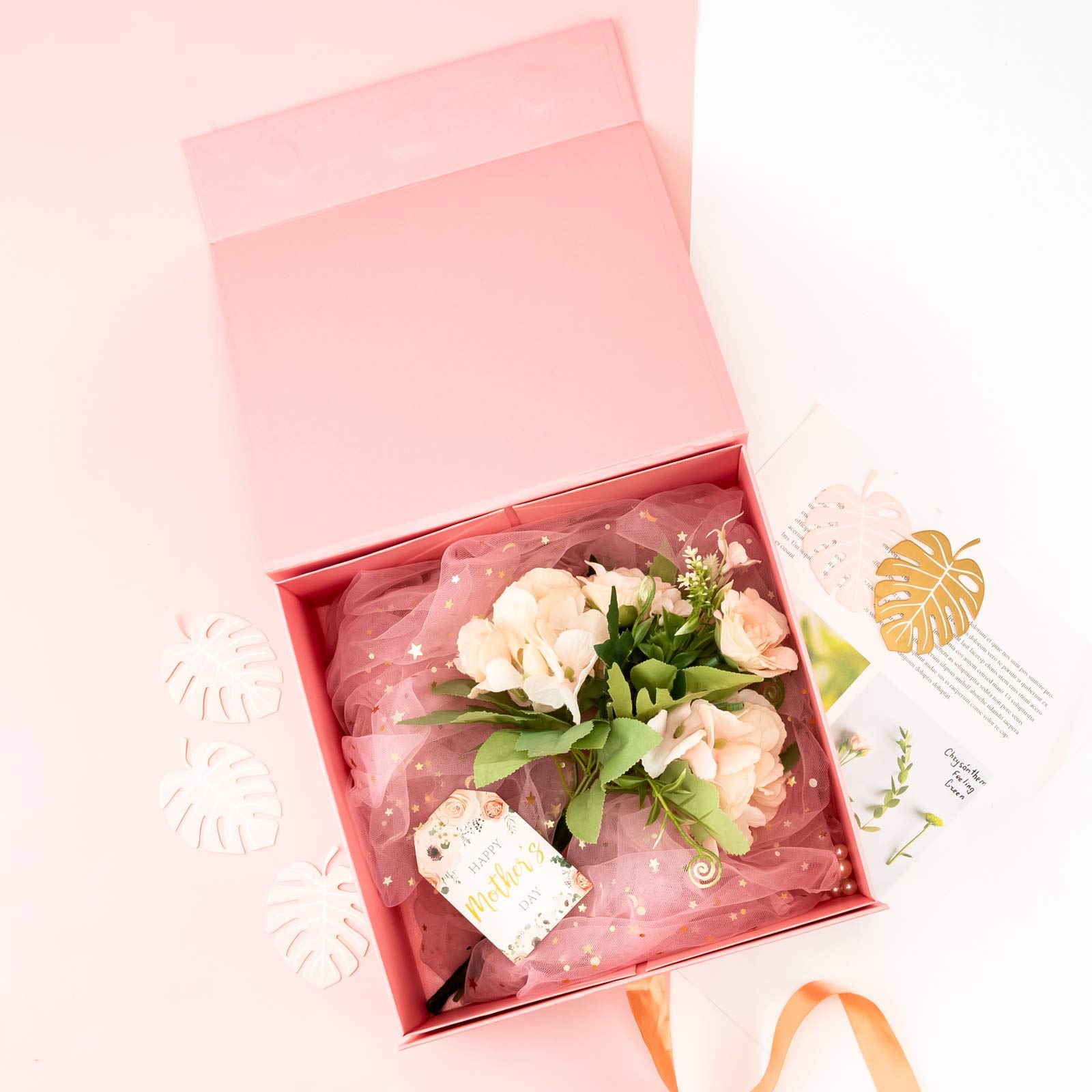 WRAPAHOLIC 8x8x4 Inch Pink Mother's Day Gift Box with Satin Ribbon - Collapsible Magnetic Closure Box Includes 2 White Tissue Papers - Perfect for Gift Wrapping, Jewelry, Cosmetics & Special Occasion Presents