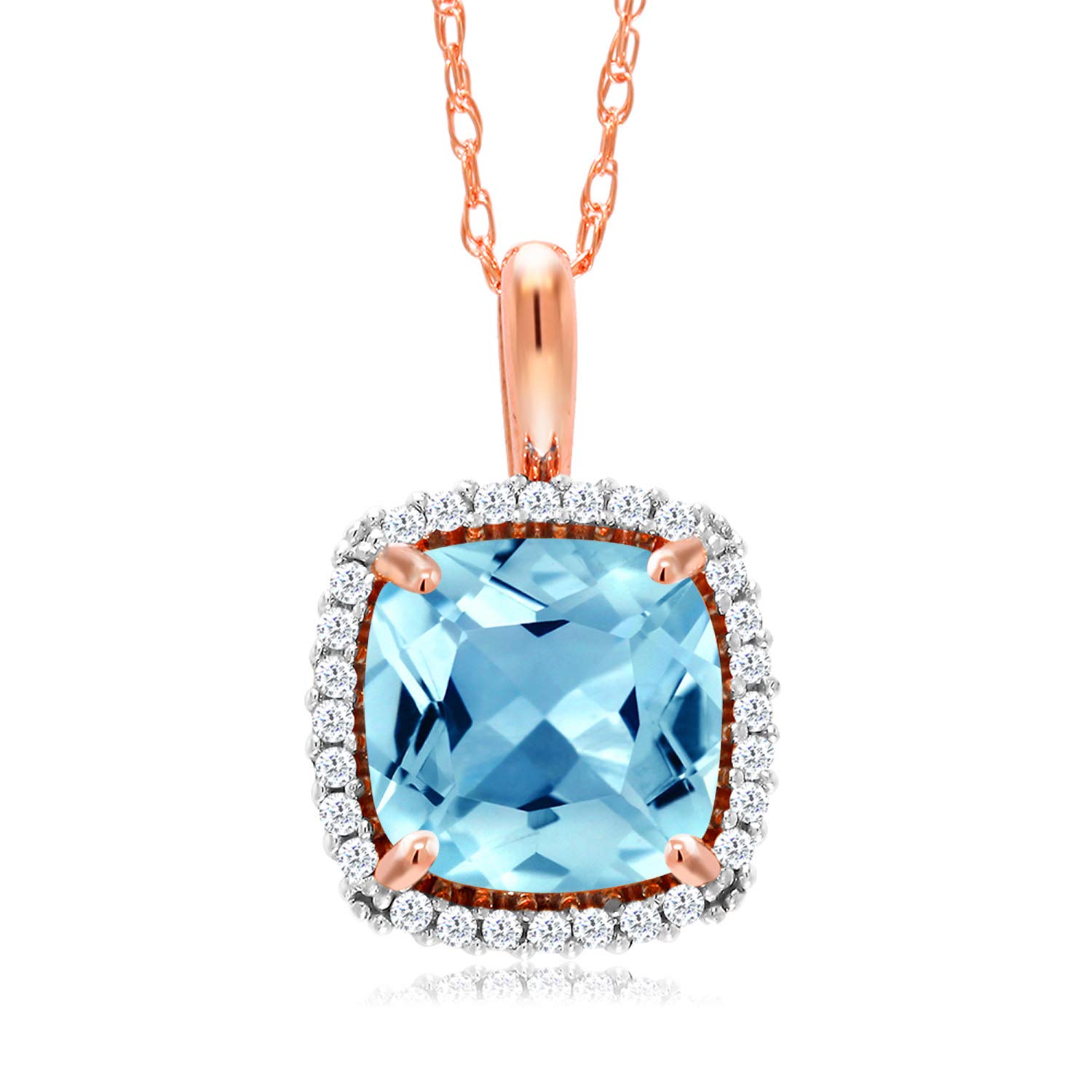 10K Rose Gold Birthstone & White Diamond Halo Pendant Necklace for Women - 7MM Cushion Cut Gemstone with 18