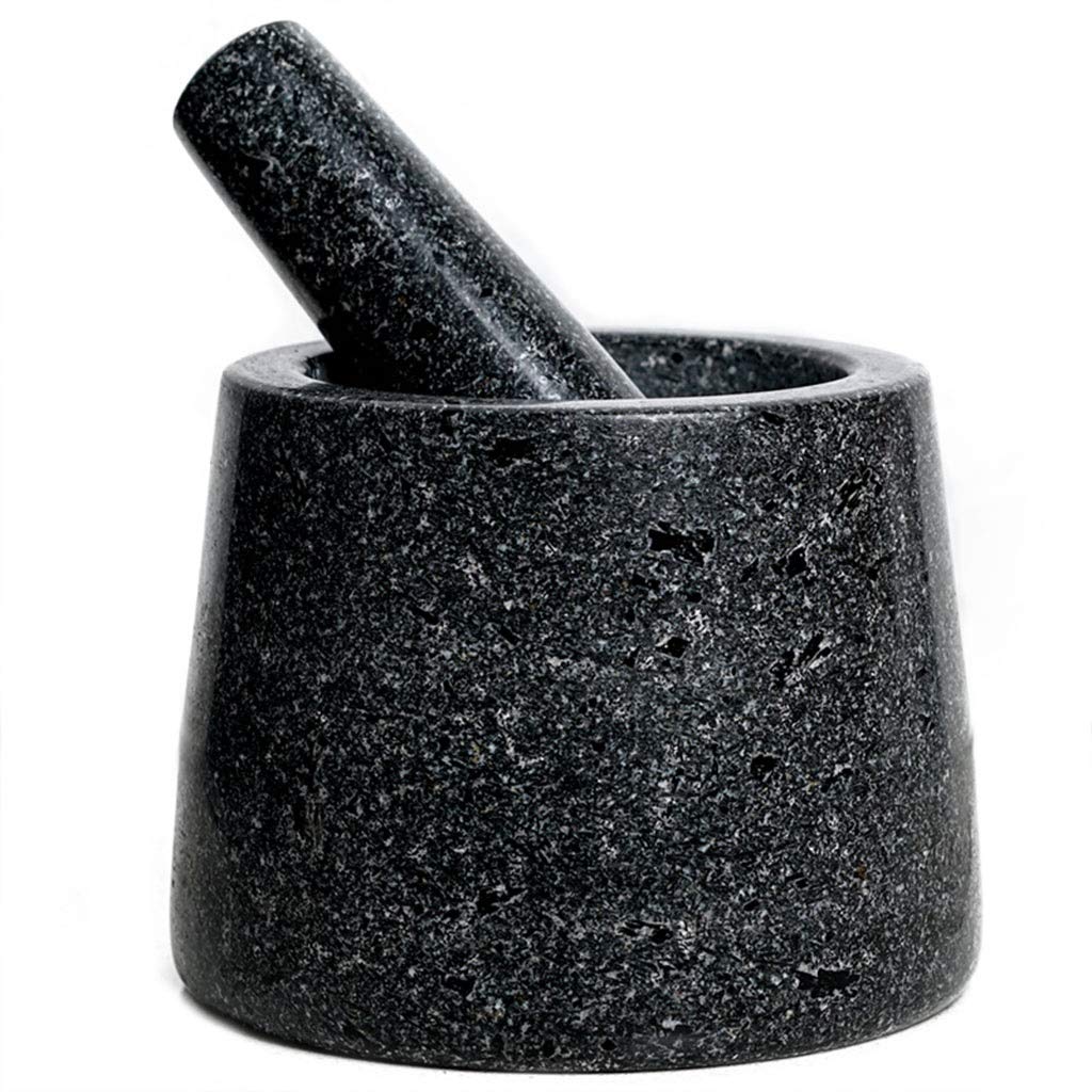 Premium Granite Mortar and Pestle Set - Natural Stone Grinding Bowl for Spices, Herbs & Garlic - Non-Slip Base Kitchen Tool - Perfect for Guacamole, Pesto & Curry Paste (Black)