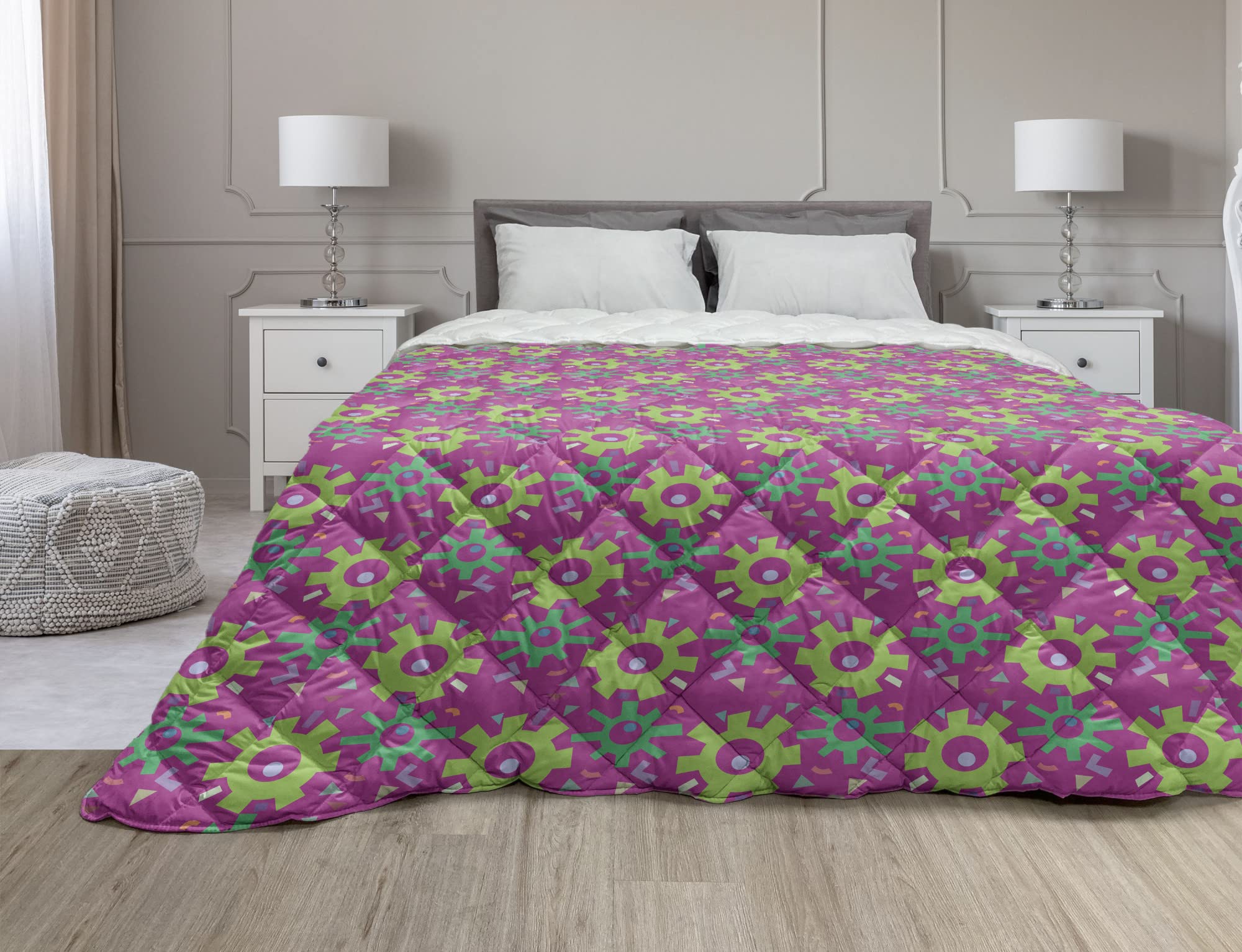 Ambesonne Engineering Themed Down Alternative Comforter - Abstract Colorful Industrial Gears Design, All-Season Microfiber Quilt, Full Size in Dark Magenta Green - Perfect for Dorm Rooms, Guest Bedrooms & Modern Home Decor