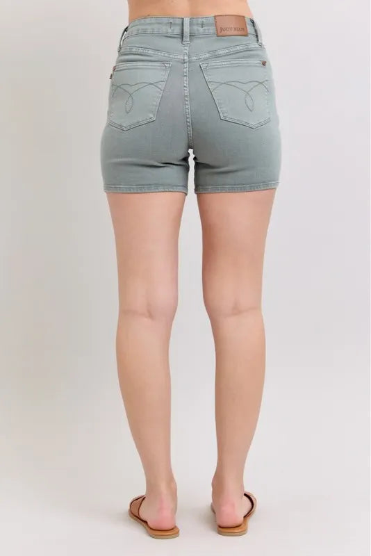 Judy Blue Women's Plus Size Garment Dyed Shorts with Back Pocket Embroidery - Comfortable Casual Wear for Summer Outings & Beach Vacations