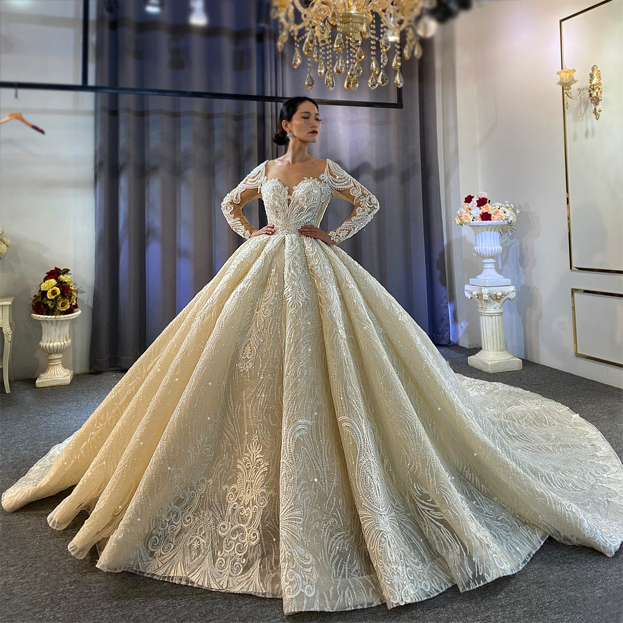 NS3978 Long Sleeve Ball Gown Wedding Dress 2022 - Princess Puffy Bridal Gown with Elegant Lace Details | Perfect for Church Ceremonies, Formal Weddings & Royal-Themed Events