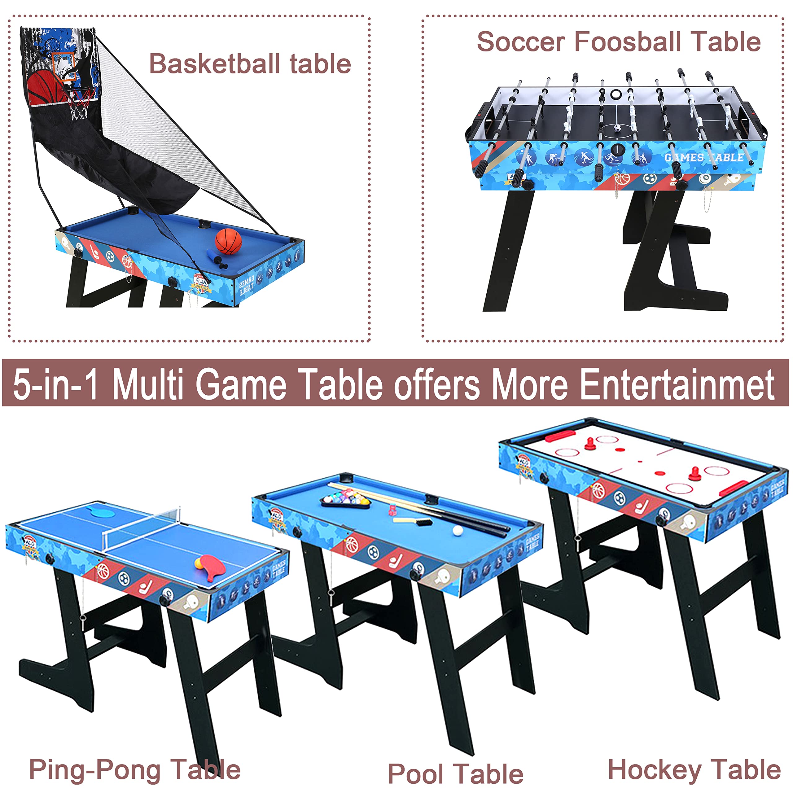 5-in-1 Multi Game Table Set - Portable Folding Foosball, Ping Pong, Pool Billiards, Air Hockey & Basketball Combo with Accessories - Perfect for Family Game Nights, Parties & Indoor Recreation