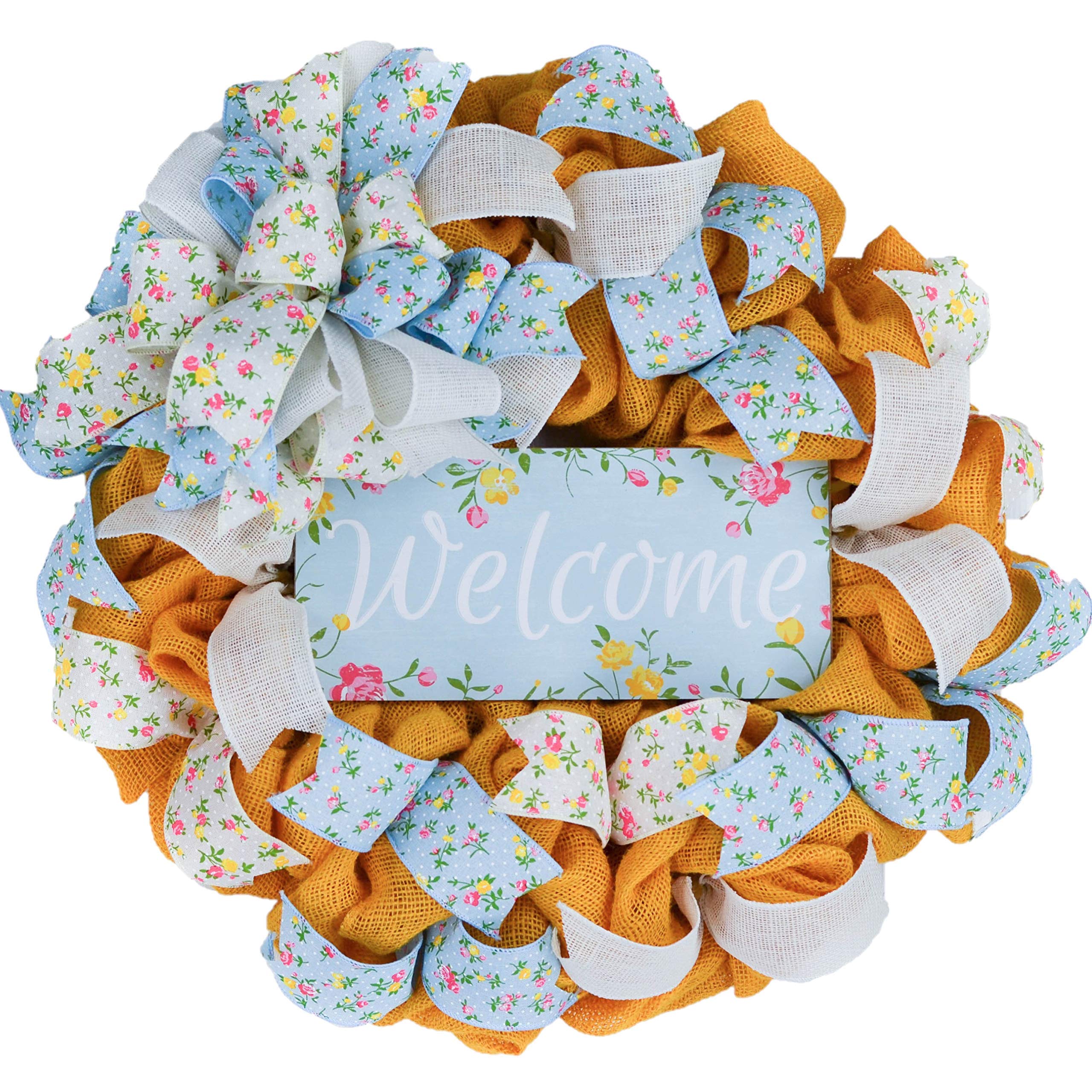 Floral Spring Welcome Wreath for Front Door - Yellow Pink Blue Burlap Mothers Day Gift for Mom - Perfect for Home Decor, Front Porch & Seasonal Door Hanging