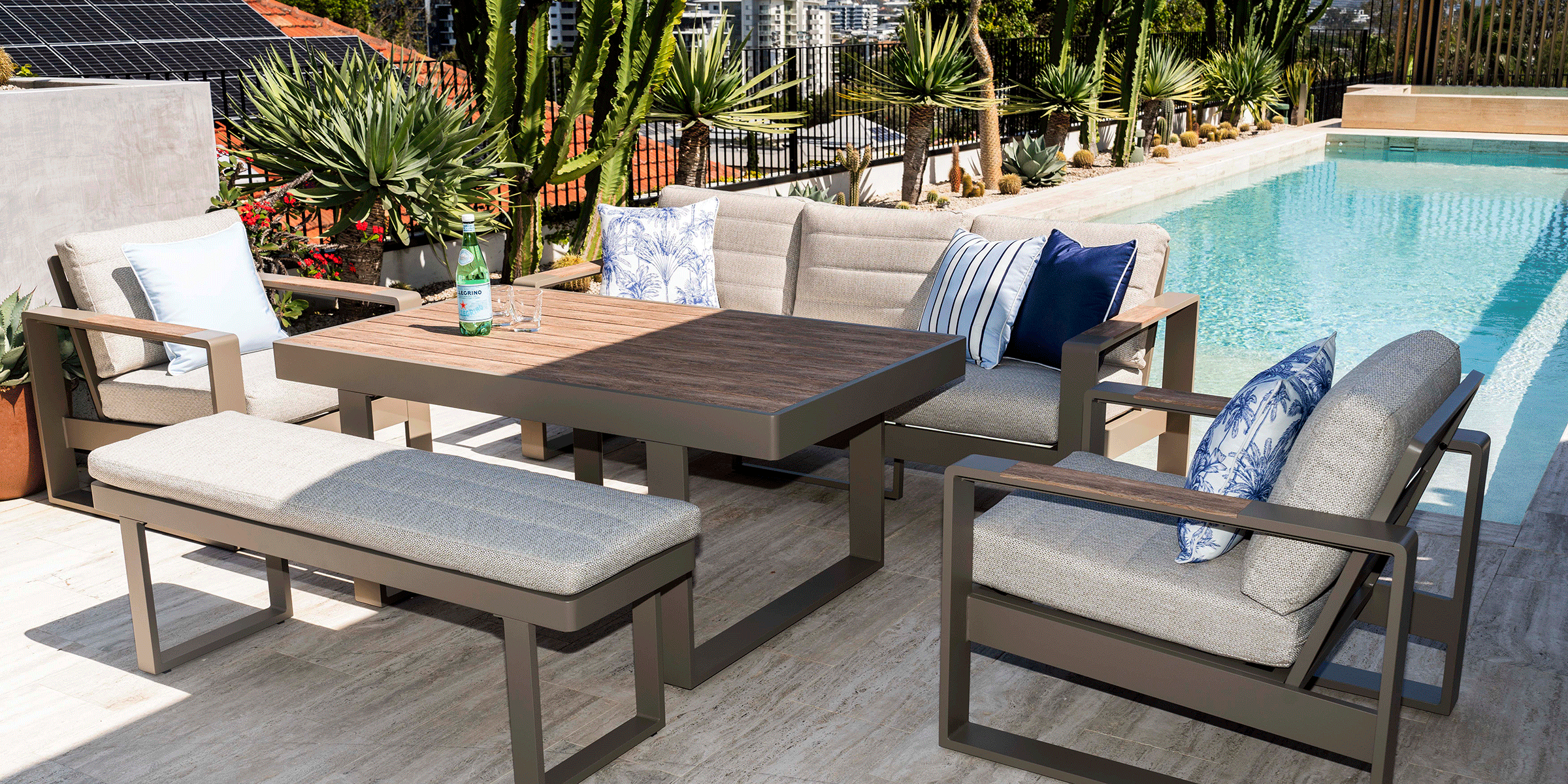 Positano 5-Piece Outdoor Patio Lounge Set in Taupe with Durable Polywood Frame & Latte Check Spun Polyester Cushions - Perfect for Backyard, Poolside or Garden Relaxation