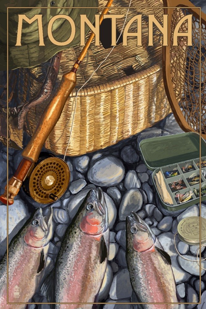 Montana Fishing Still Life - 36x54 Giclee Gallery Print, Travel Poster Wall Art Decor for Living Room, Office & Cabin - Perfect for Nature Lovers & Outdoor Enthusiasts