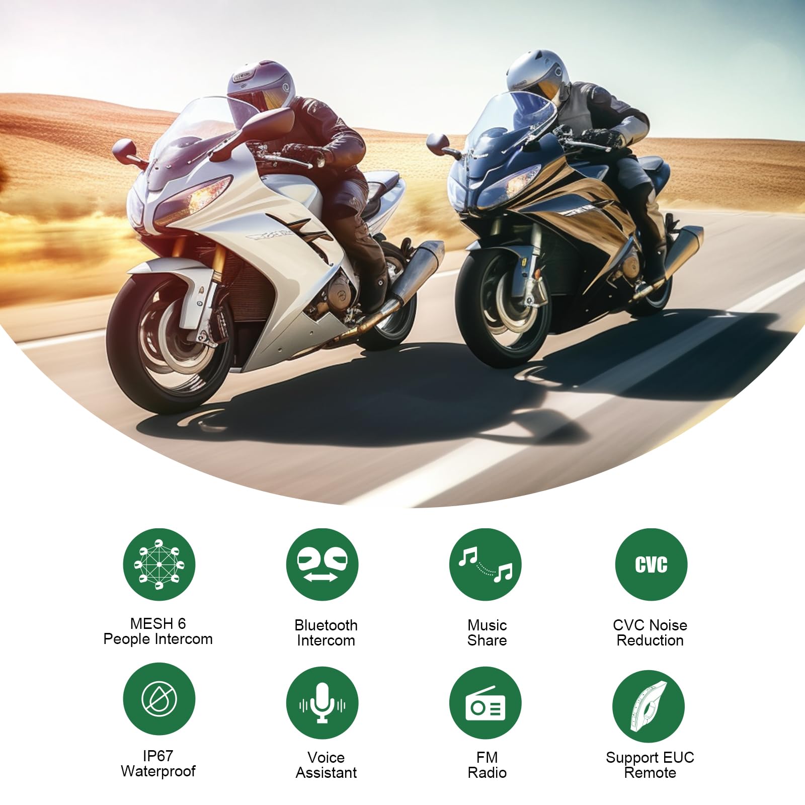EJEAS Q8 Mesh 3.0 Motorcycle Bluetooth Intercom Headset - 6-Way Full Duplex Communication, Bluetooth 5.1 with CVC Noise Cancellation & Music Sharing (2 Pack) - Perfect for Group Riding, Adventure Tours & Road Trips