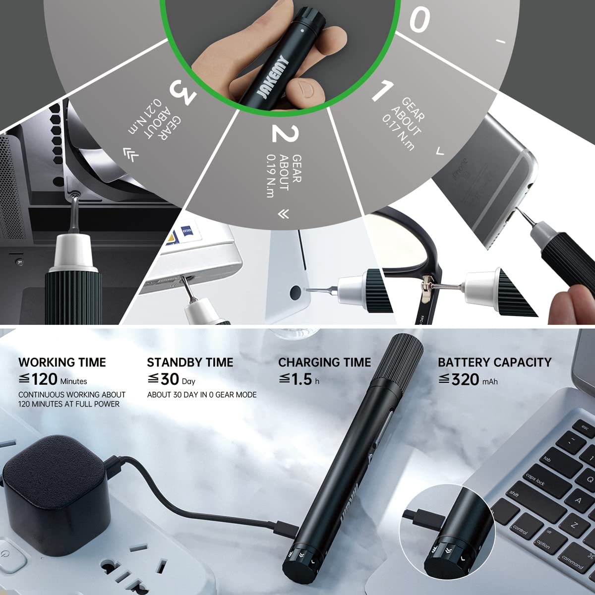 JAKEMY Mini Electric Screwdriver - Adjustable Torque, Cordless, USB Rechargeable with LED Light & Magnetic Bits - Precision Repair Tool Kit for Electronics, Phones, Laptops, Game Consoles - Perfect for DIY Projects and Home Repairs