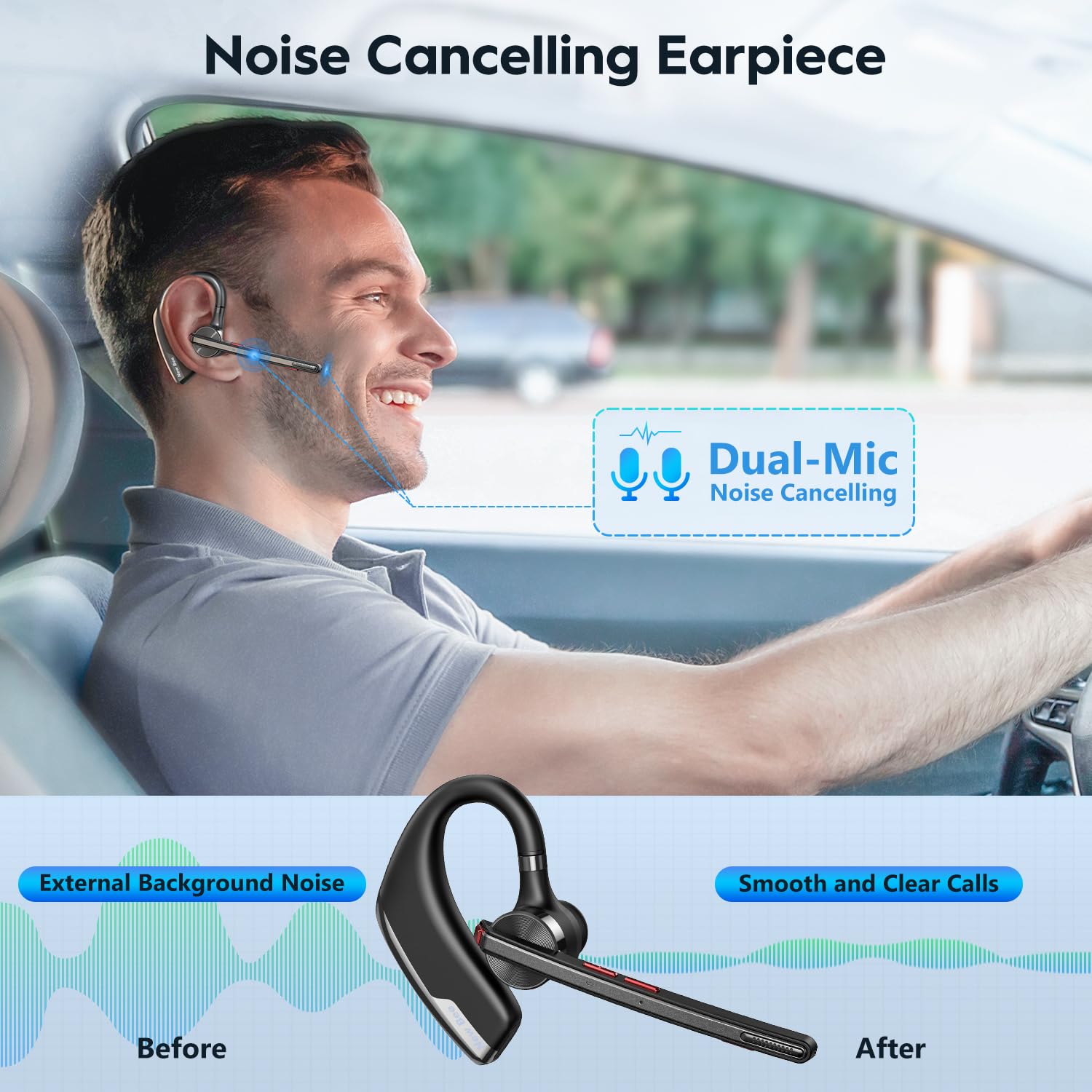 Wireless Bluetooth Earpiece V5.2 with 500mAh Charging Case - 80H Playtime, Dual Mic Noise Cancelling Hands-Free Headphones for Phone Calls, Office, Driving & Commuting | Compatible with iPhone & Android Devices