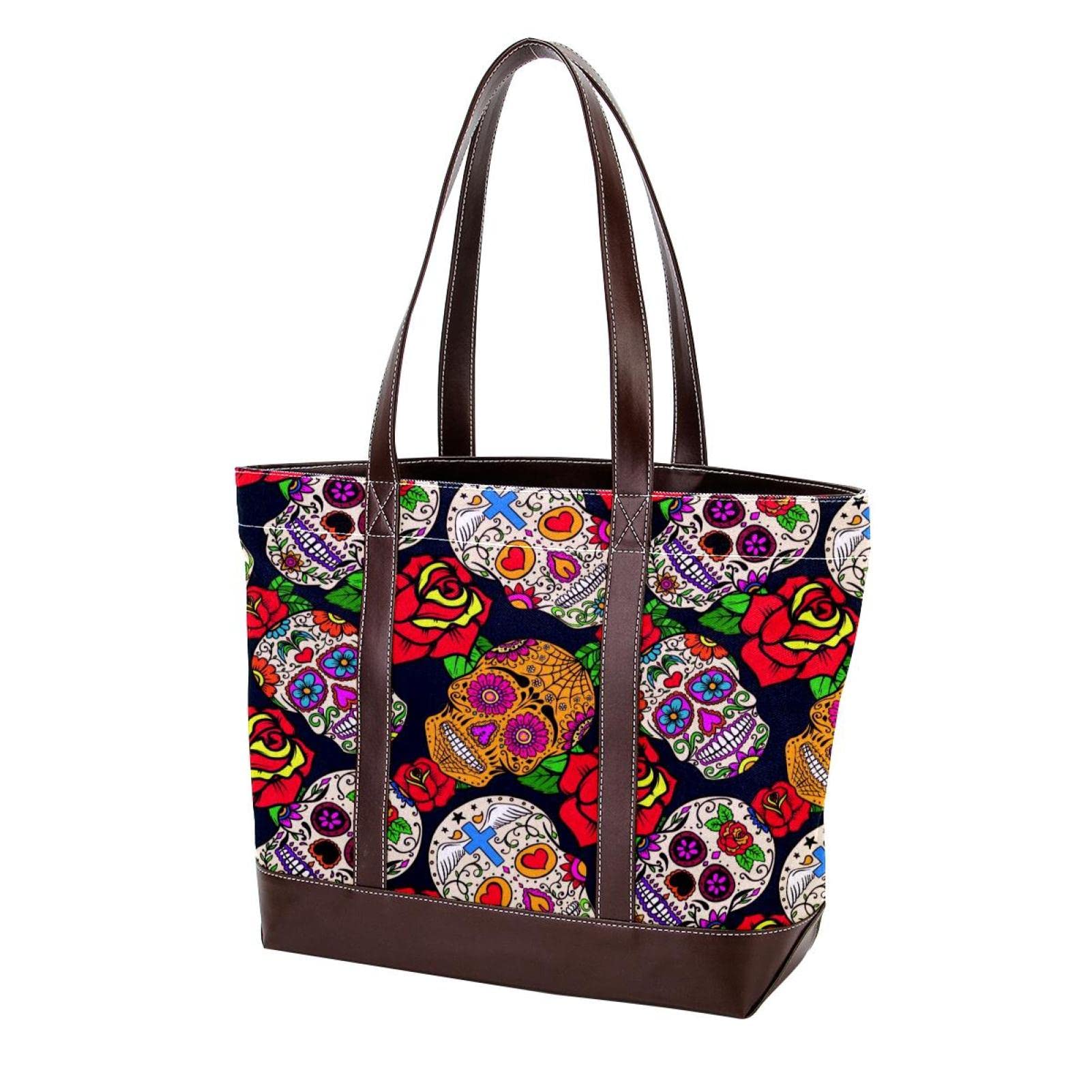 Premium Leather & Canvas Tote Bag for Women - Large Wolf Moon Design Shoulder Satchel Hobo Purse - Perfect for Work, Travel & Everyday Use