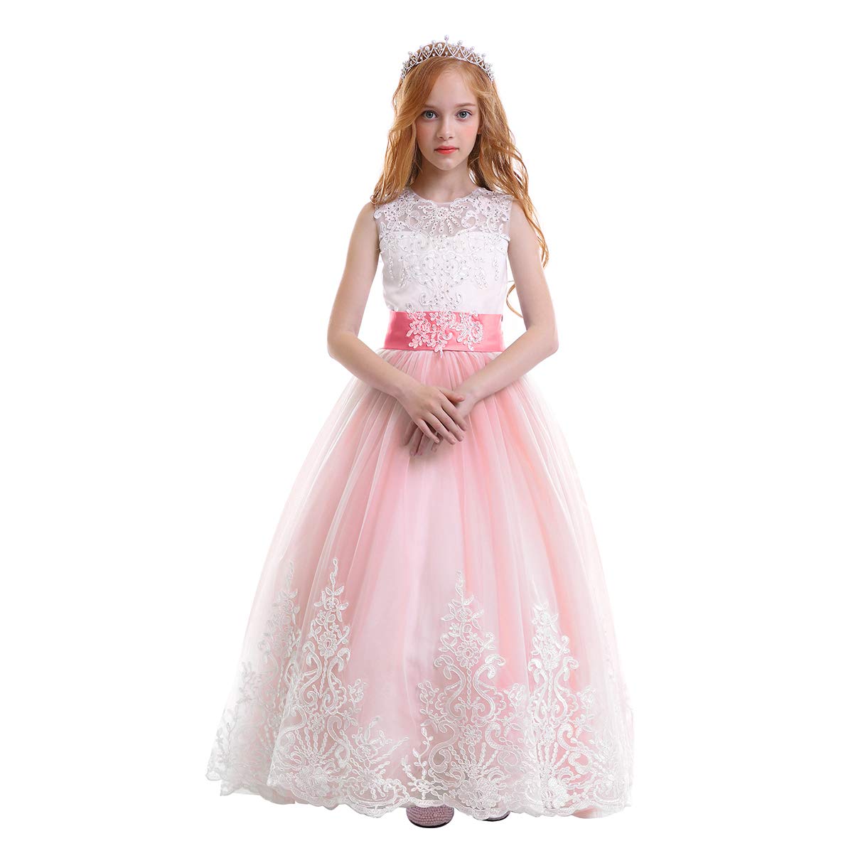 Girl's Lace Flower Tutu Dress - Floor Length Wedding, First Communion, Dance & Evening Gown - Junior Bridesmaid Maxi Dress with Train | Perfect for Special Occasions, Pageants & Formal Events