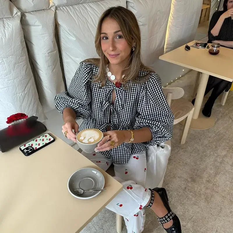 Elegant Striped Lace-Up Women's Blouse with Chic Bow & Puff Sleeves - O-Neck Hollow Out Design for Spring Summer Casual Wear | Perfect for Street Style, Office Outfits & Date Night Looks