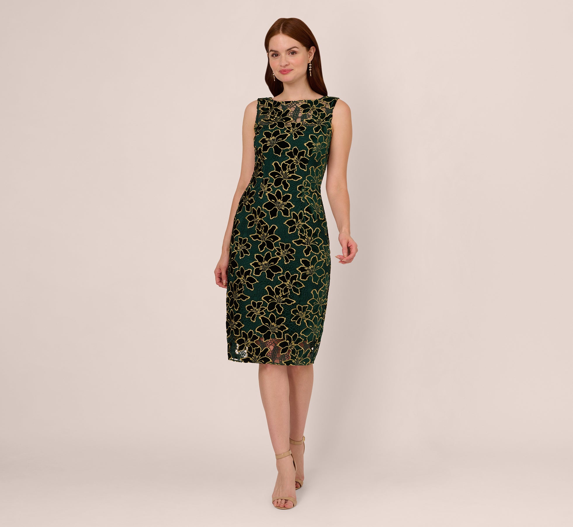 Elegant Metallic Floral Lace Midi Dress with Illusion Neckline in Hunter Gold - Perfect for Weddings, Parties & Special Occasions
