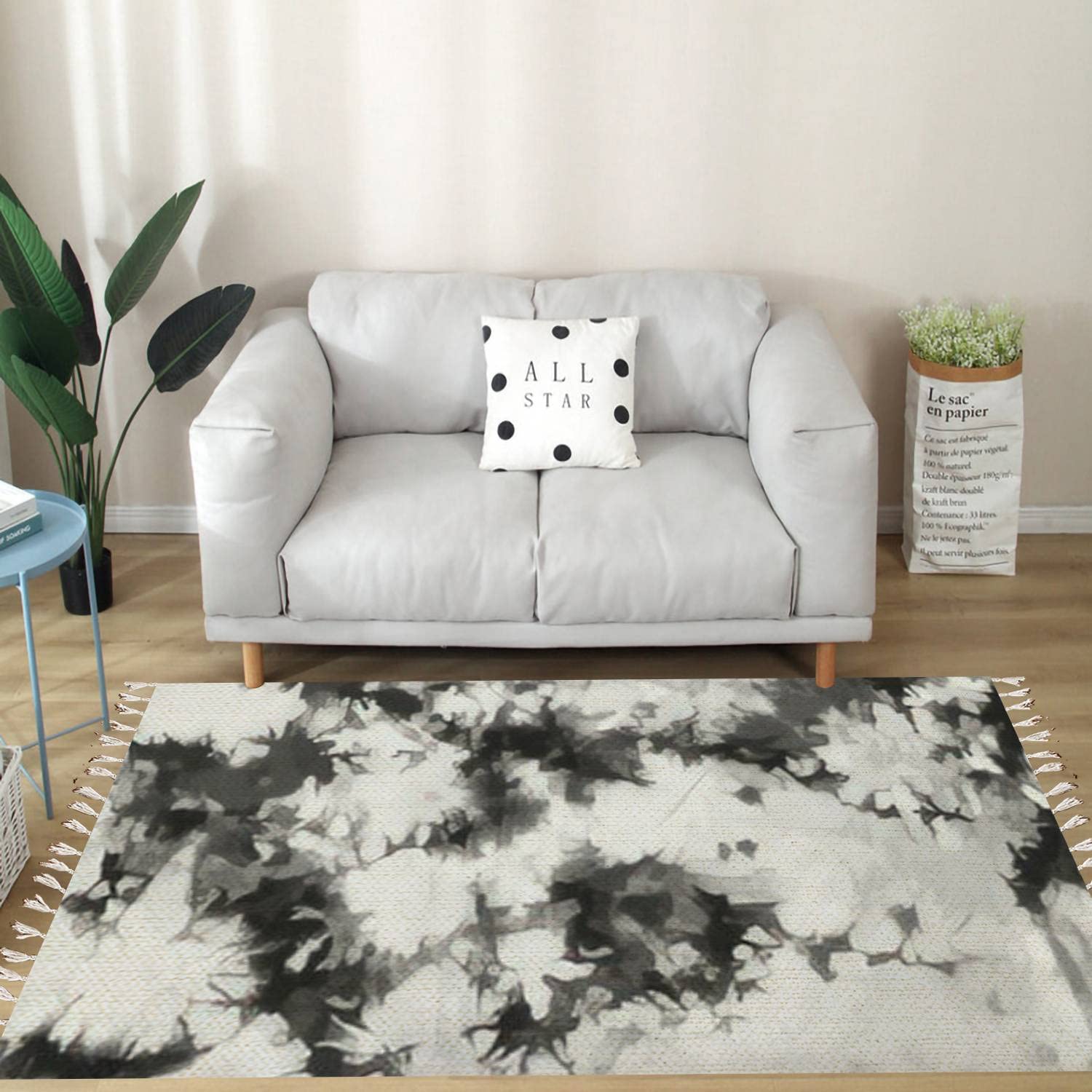 Vintage Cotton & Linen Tassel Rug - Tie Dye Geometric Shibori Batik Boho Area Rug - Washable Woven Runner Mat for Kitchen, Bathroom, Outdoor & Living Room Decor