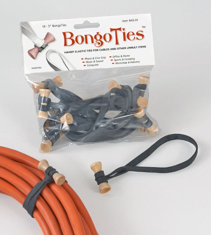 Bongo Ties 5 Elastic Cable Ties - 10 Pack Black Cord Organizers for Home Office, Electronics, Cables & Wires Management
