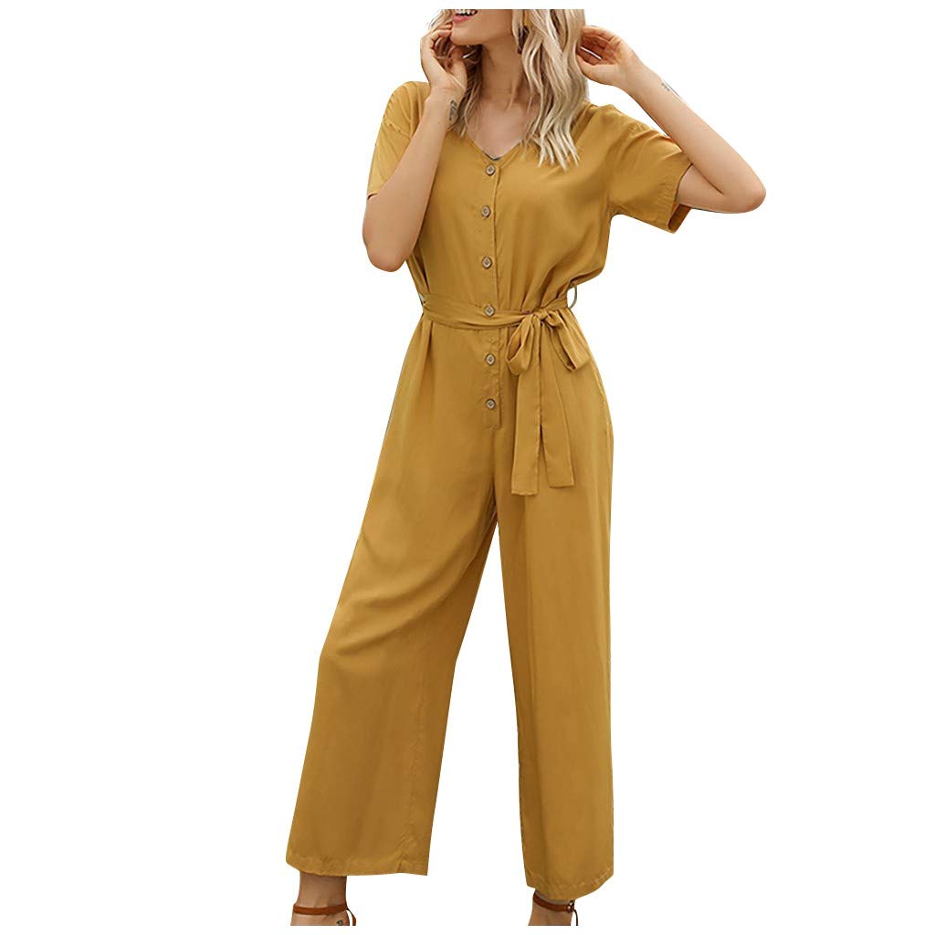 Women's Casual Solid Color Strapped Single-Breasted Short Sleeve Lace Jumpsuit - Yellow | Summer Outfits, Beach Wear, Party Dresses & Everyday Fashion
