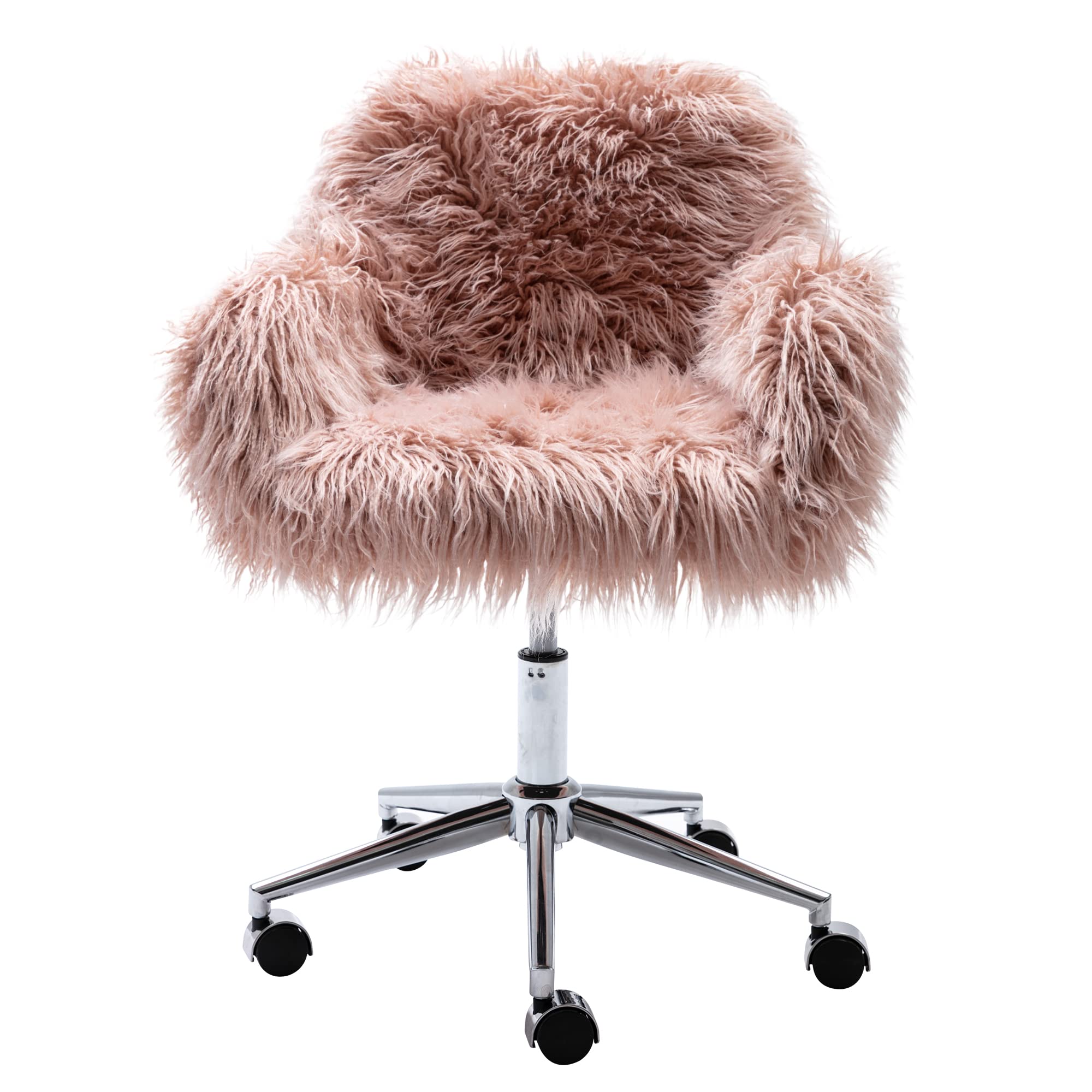 Faux Fur Office Chair - Adjustable Height Swivel Vanity Desk Chair with Armrests, Soft Fluffy Accent Chair for Home Office, Bedroom & Living Room (Pink) - Perfect for Makeup, Gaming & Workspace Decor