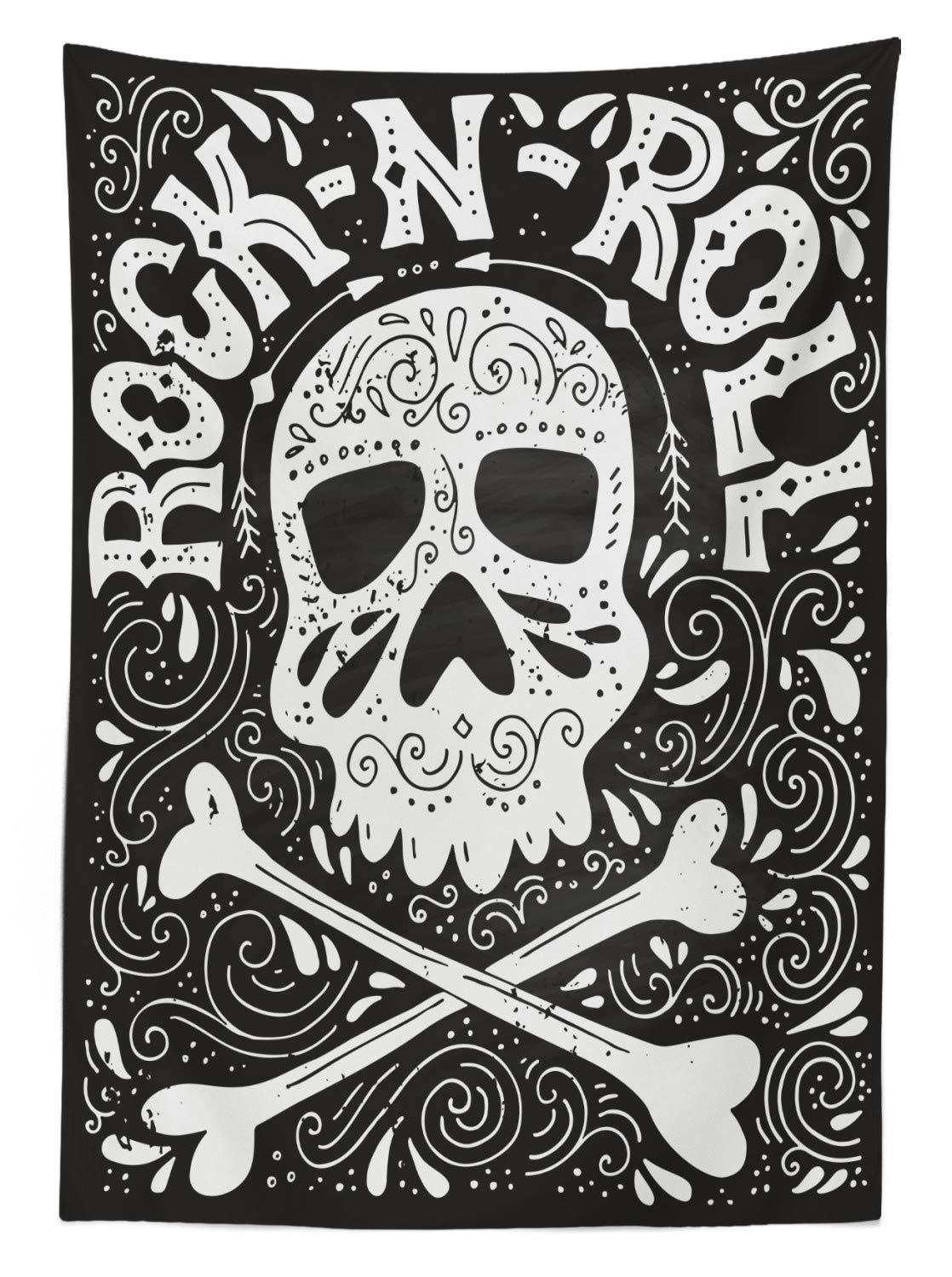 Ambesonne Gothic Rock and Roll Tablecloth - Monochrome Skull Bones Design, 52x70 Inch Rectangular Dining Table Cover in Charcoal Grey & White | Perfect for Halloween Parties, Gothic Weddings & Rock Themed Decor