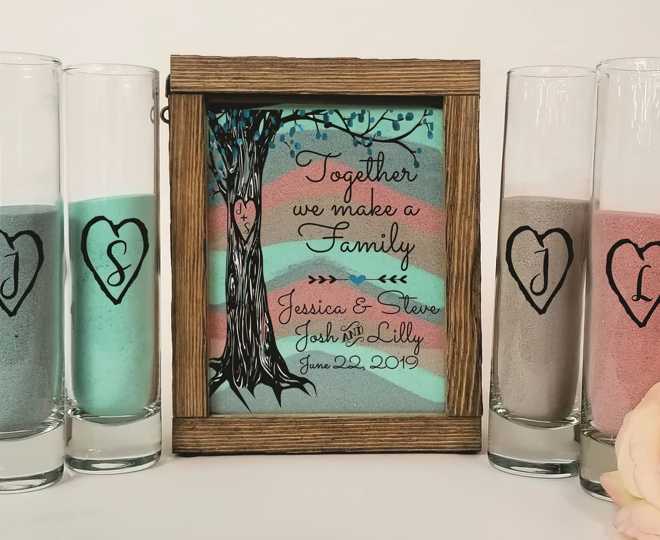 Personalized Glass Sand Ceremony Set for Blended Family - Custom Ink Printed Rustic Shadow Box Unity Sand Kit - Wedding Unity Ceremony Alternative & Beach Outdoor Wedding Decor - Perfect for Vow Renewals, Family Blending Ceremonies, and Coastal-Themed Weddings