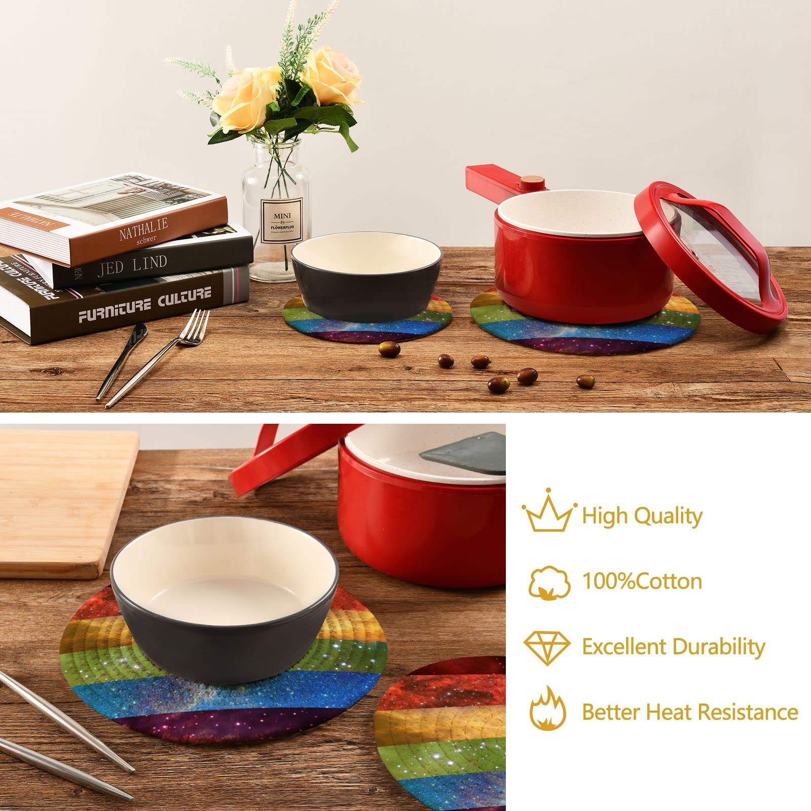 Gay Pride Pot Holders Set of 2 - Heat Resistant Cotton Round Trivets for Kitchen, Hot Pads for Hot Dishes, Teapots, and Baking Essentials - Perfect for LGBTQ+ Pride Celebrations and Everyday Cooking