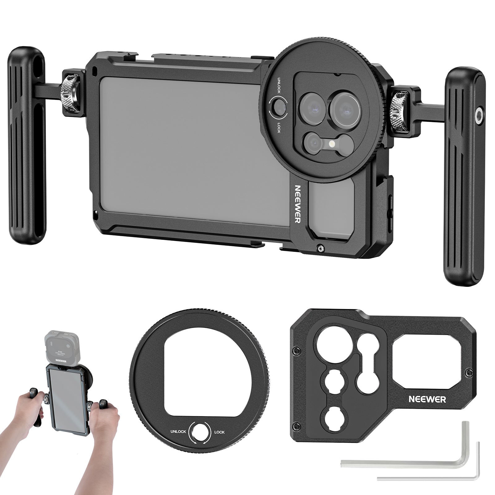 NEEWER PA021 Handheld Video Cage with Filter Thread Adapter for Samsung Galaxy S23 Ultra - Perfect for Vlogging, Filmmaking & Mobile Photography