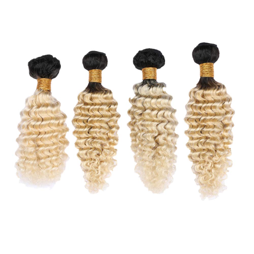 613 Deep Wave Human Hair Bundles with Dark Roots | Ombre Blonde Peruvian Virgin Hair Extensions 10-30 Inch (20 22 24 26 Inch) | Perfect for Curly Weaves, Protective Styles & Volume Boosting