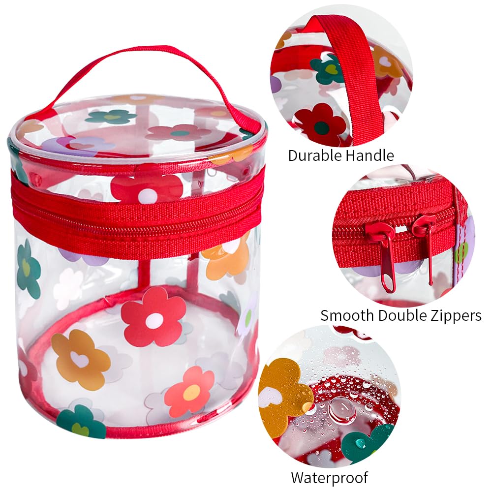 Printed Flowers Clear Cylinder Travel Makeup Bag - Waterproof Cosmetic Pouch with Handle for Women & Girls (Multi Floral Design) - Perfect for Travel, Gym, Beach & Daily Organizer