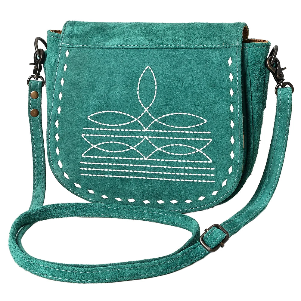 American Darling Turquoise Roughout Boot Stitch Leather Crossbody Bag - Stylish Western Handbag for Women, Perfect for Casual Outings, Date Nights & Country Music Festivals
