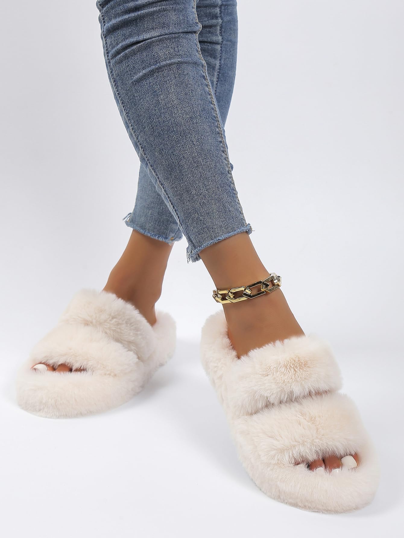 OYOANGLE Women's Fuzzy Slippers - Soft Cozy Warm Double Strap Open Toe House Shoes for Indoor/Outdoor Use - Perfect for Bedroom, Lounge & Winter Comfort
