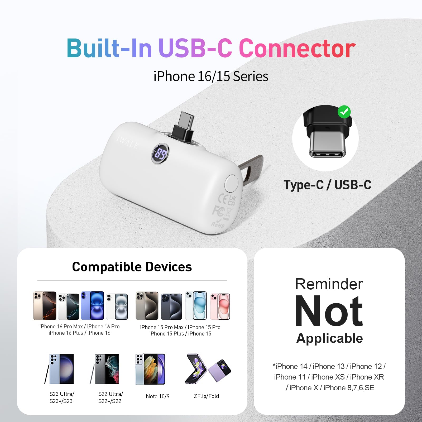 iWALK 5000mAh Mini Power Bank with 20W PD Fast Charging & LED Display - Portable USB-C Charger for iPhone 16/15/15 Plus/15 Pro/15 Pro Max & Samsung - Perfect for Travel, Work & Outdoor Activities