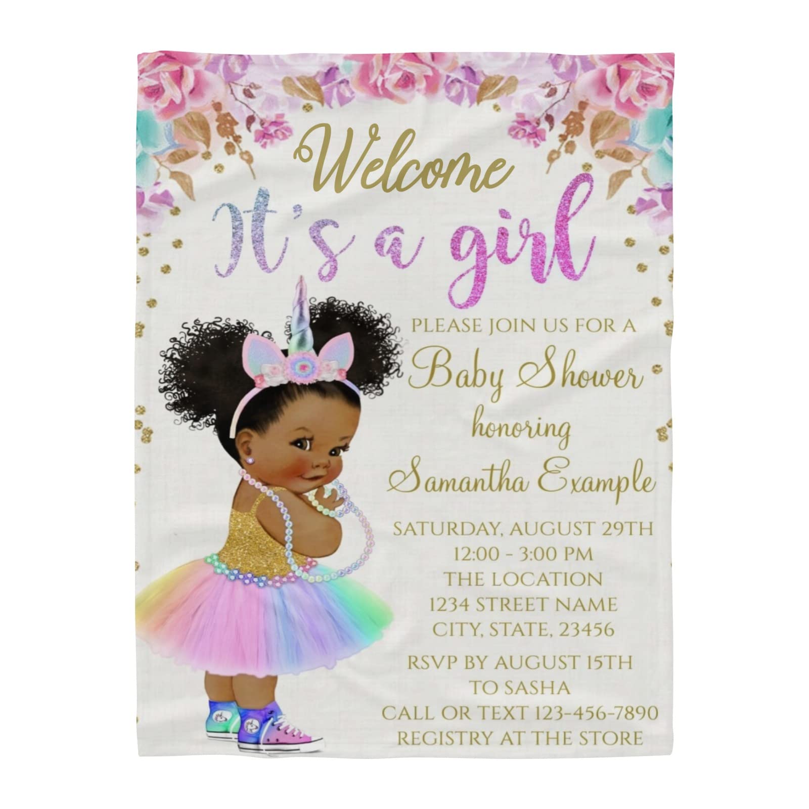 Custom Afro Baby Shower Invitation Rainbow Fleece Blanket 50x60 Inch - Personalized Name Throw Blanket for Sofa, Bed, Wedding Gifts | Perfect for Nursery Decor, Birthday Presents & Cozy Home Use