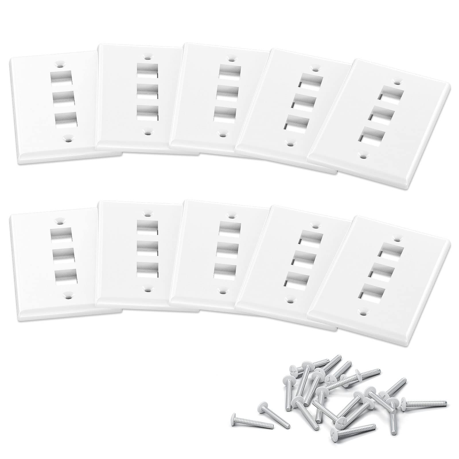 Iwillink 10-Pack Low Profile 3-Port Keystone Wall Plate for Ethernet & Network Jacks - White - Perfect for Home & Office Network Installations