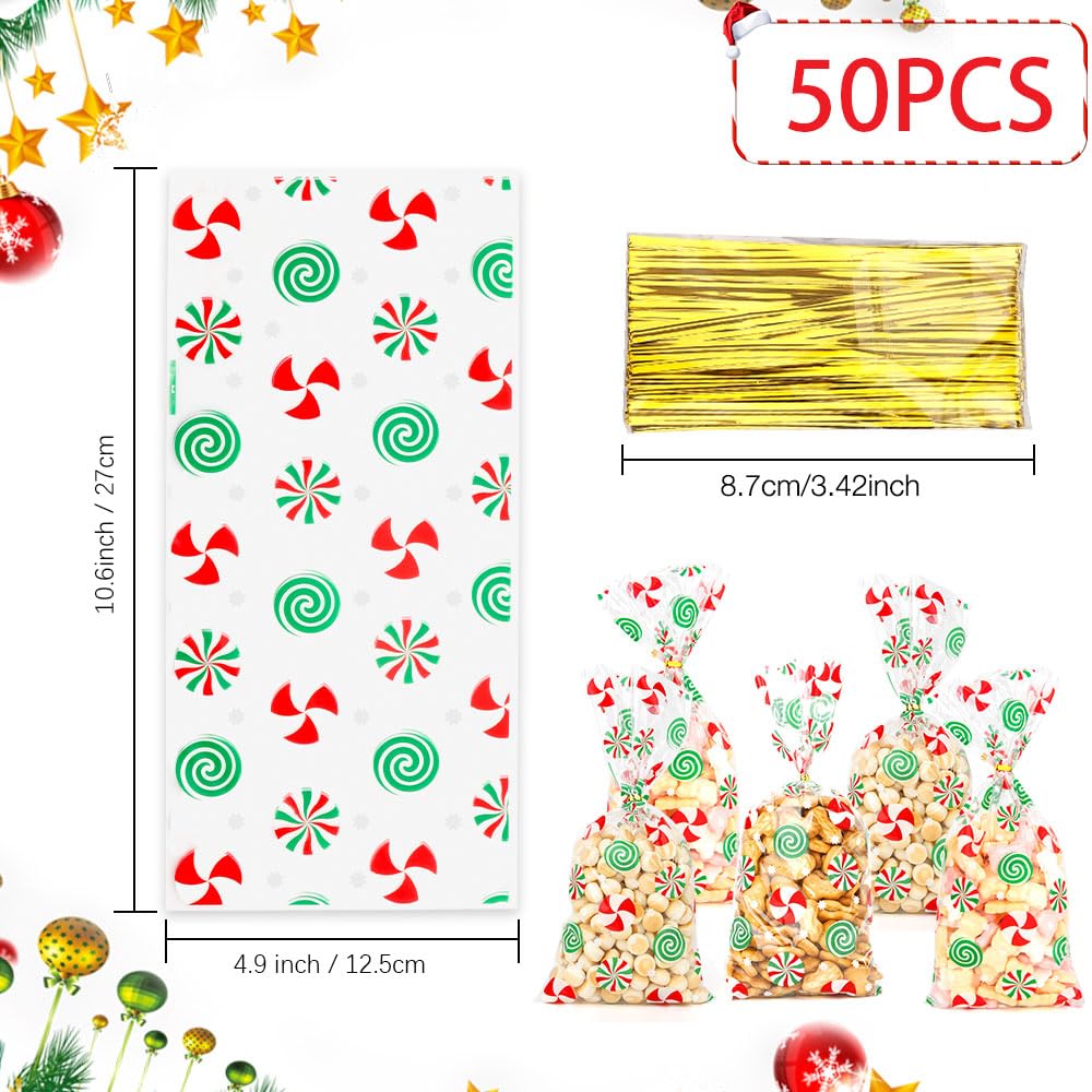 50Pcs Christmas Cellophane Treat Bags with Twist Ties - Holiday Candy Cookie Goodie Bags for Xmas Party Favors, Gift Wrapping & Stocking Stuffers | Perfect for Christmas Celebrations, Office Parties & Classroom Treats