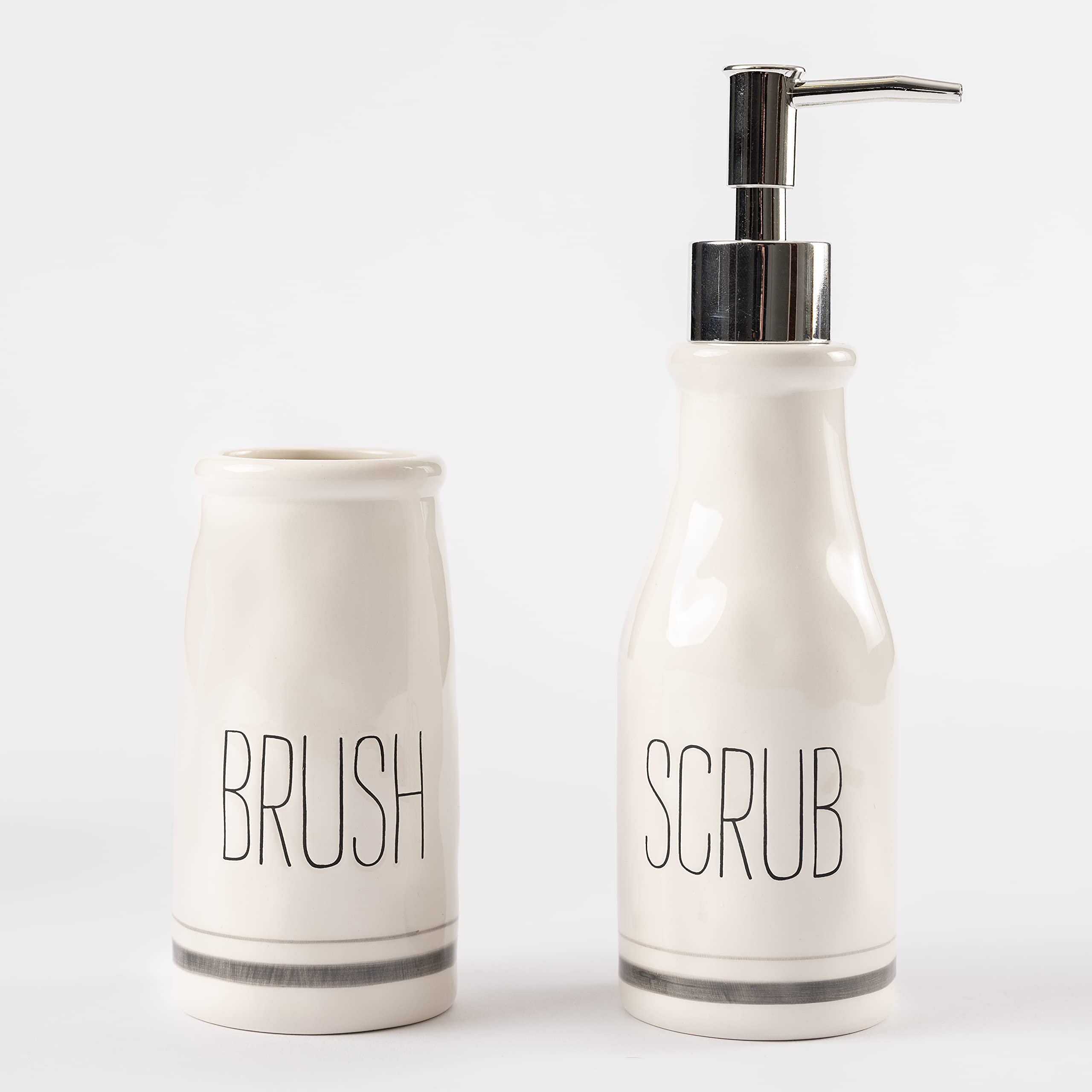 Mud Pie Bistro Soap Dispenser and Toothbrush Holder Set - White Ceramic Bathroom Organizer for Farmhouse & Modern Decor | Perfect for Kitchen, Bathroom, and Guest Room Storage
