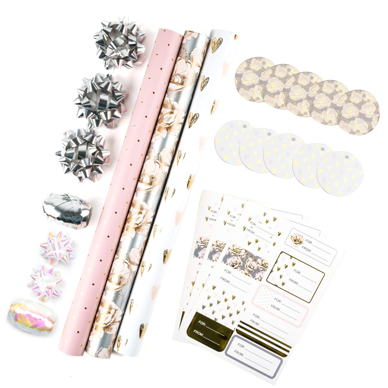 MAYPLUSS Valentine's Day Wrapping Paper - 17in x 120in Mini Roll with Bow, Ribbon, Gift Tags & Stickers - Silk Pink Floral & Gold Foil Heart Design for Birthday, Wedding, Party, Mother's Day (42.3 sqft) - Perfect for Gift Wrapping, DIY Crafts & Special Occasions