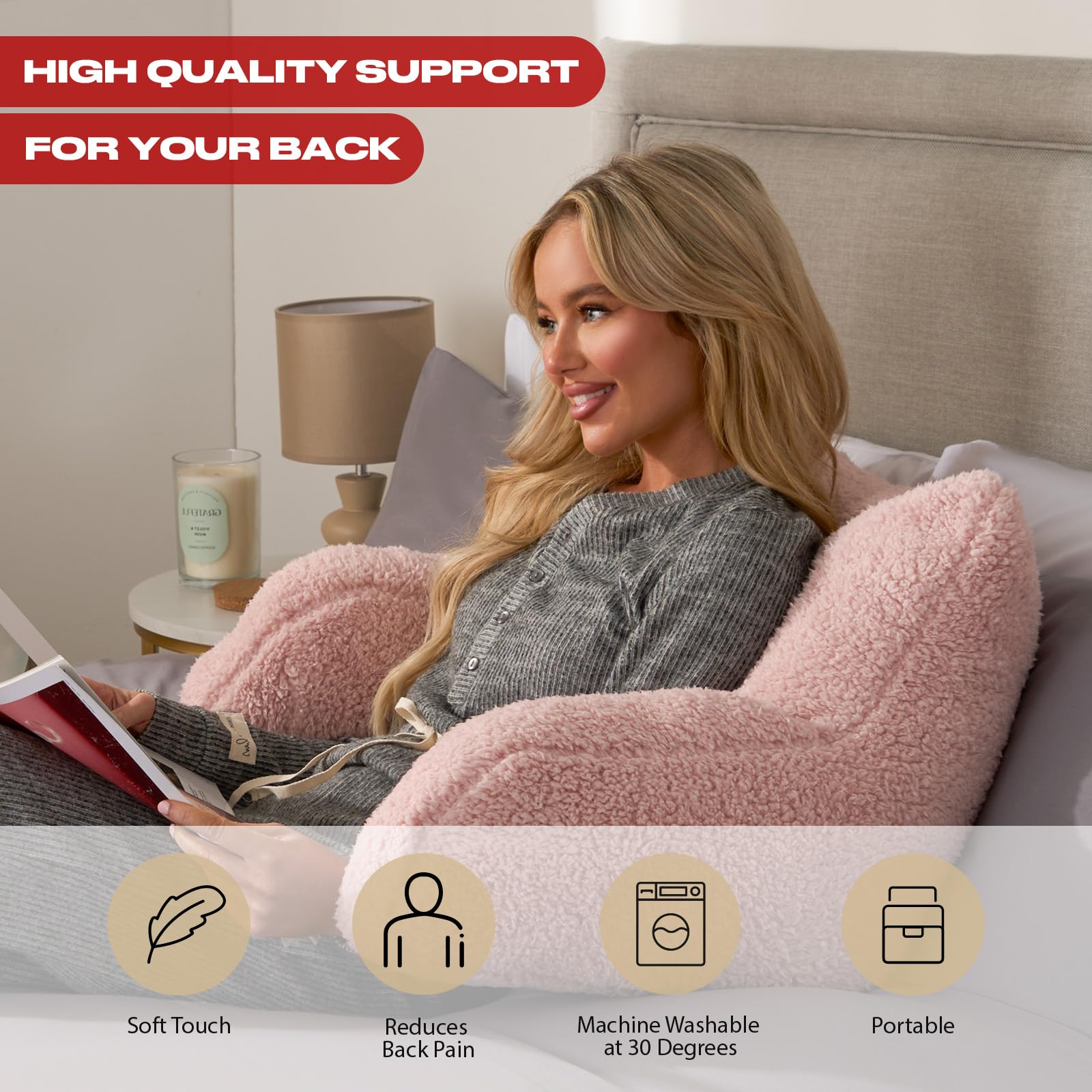 OHS Cuddle Cushion Teddy Pink - Super Soft Reading Pillow with Arm Support for Adults | Cozy Bed Pillow for Sitting Up, Reading, Watching TV & Relaxing at Home
