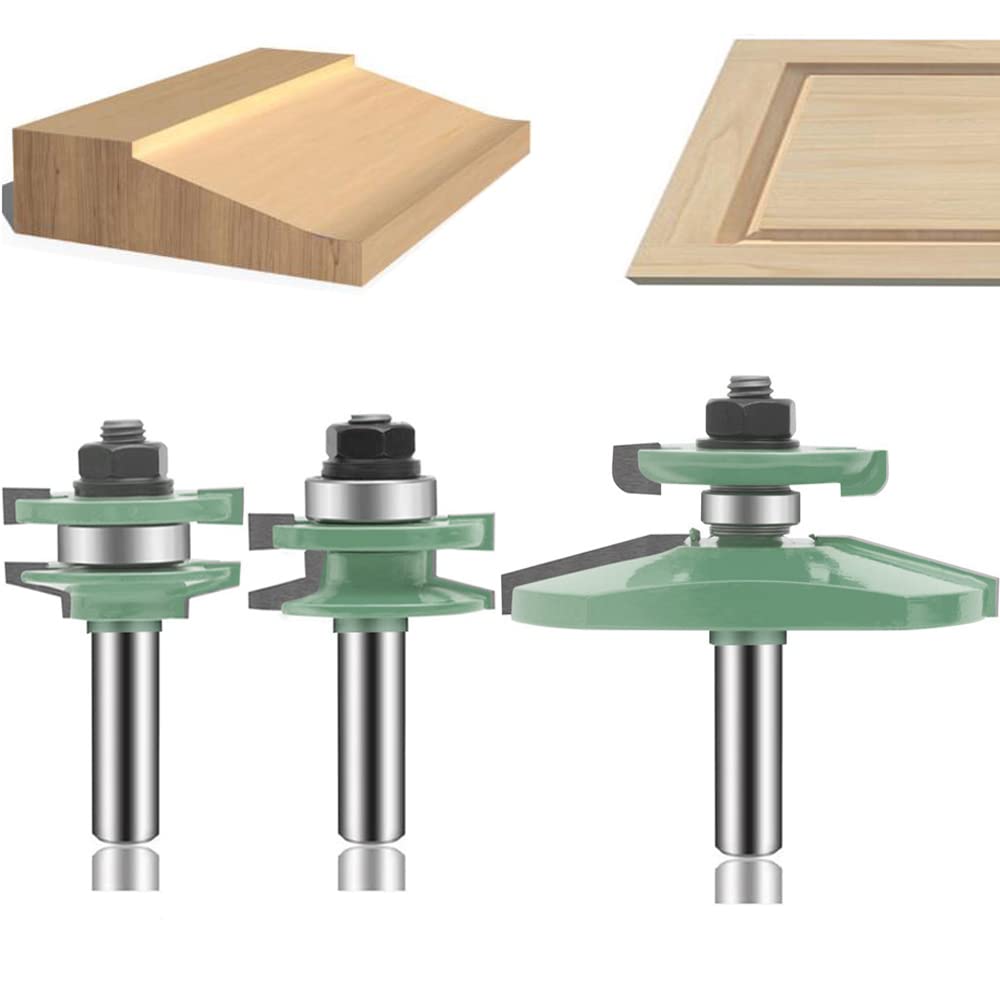 OLETBE 3-Piece Router Bit Set - 1/2-Inch Shank Round Over, Raised Panel, Cabinet Ogee Door Rail & Stile Woodworking Bits | Carbide Wood Cutter & Groove Tongue Milling Tool | Perfect for Cabinet Making, Door Framing & Furniture Crafting
