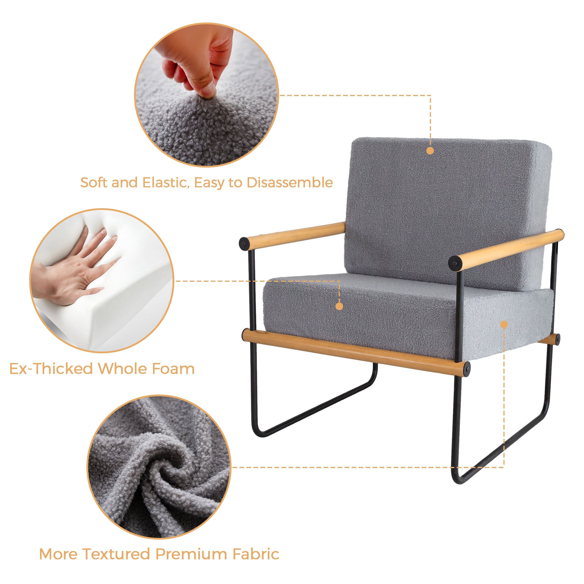MAXYOYO Grey Upholstered Armchair with Metal & Wood Accents - Thick Cushioned Living Room Chair for Home Office, Lounge & Reading Nook