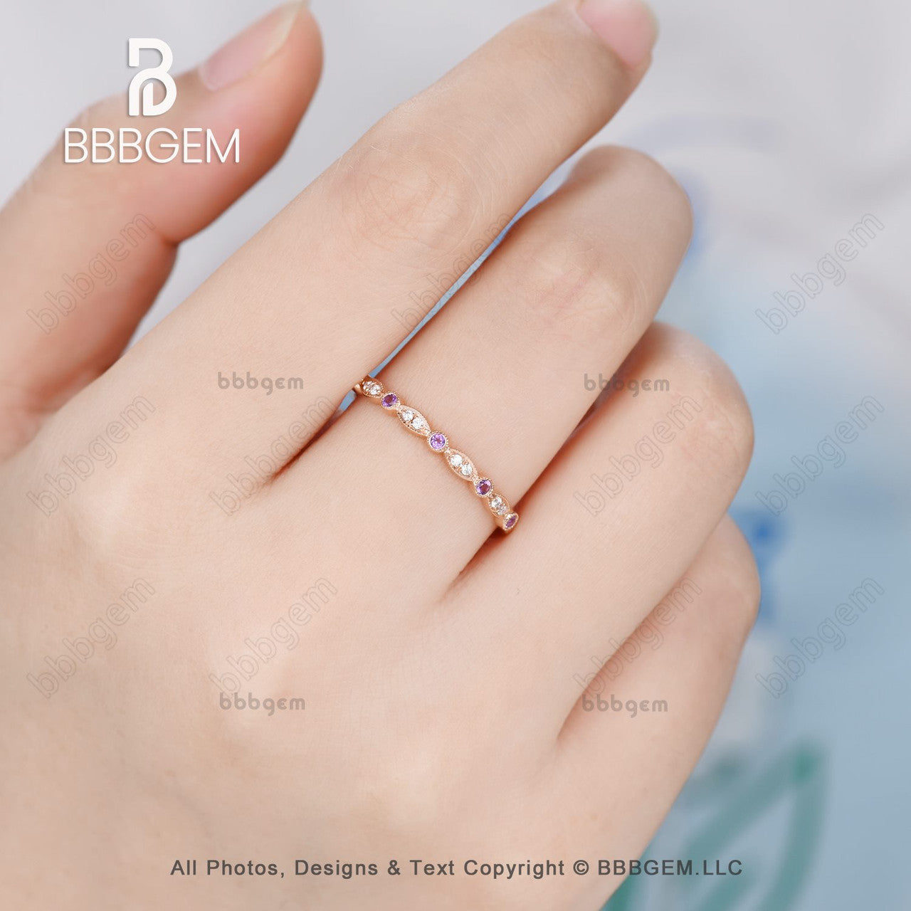 Milgrain Marquise & Dot Amethyst Moissanite Wedding Ring - 14K Rose Gold Half Eternity Band for February Anniversary, Engagement & Bridal Jewelry - Perfect for Valentine's Day Gifts, Proposals & Special Occasions