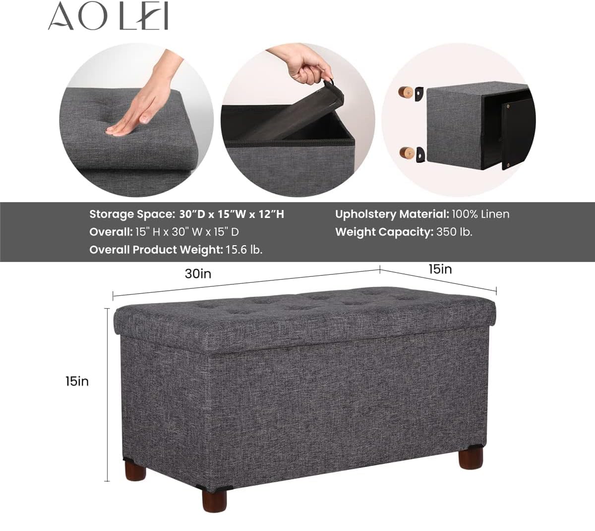 30 Inch Storage Ottoman Bench with Removable Lid - Wooden Legs, Linen Fabric, Foldable Design for Living Room, Bedroom & Foot Rest - Perfect for End of Bed, Small Space Organization & Home Decor