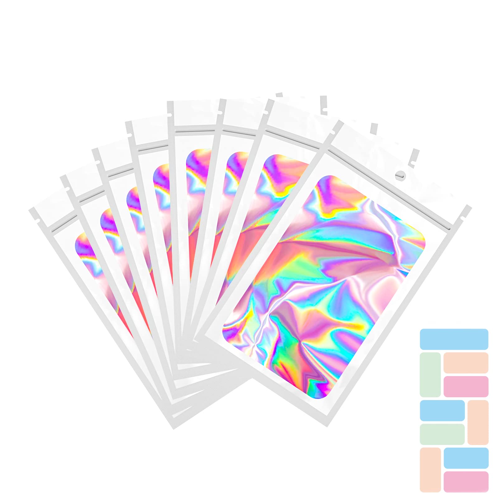 100 Pack Resealable Mylar Bags with Front Window - 6.3 x 9.4 Inch Holographic Ziplock Bags for Candy, Snacks & Small Business - Includes 100 Color Labels (White) - Perfect for Food Storage, Retail Packaging & Gift Bags