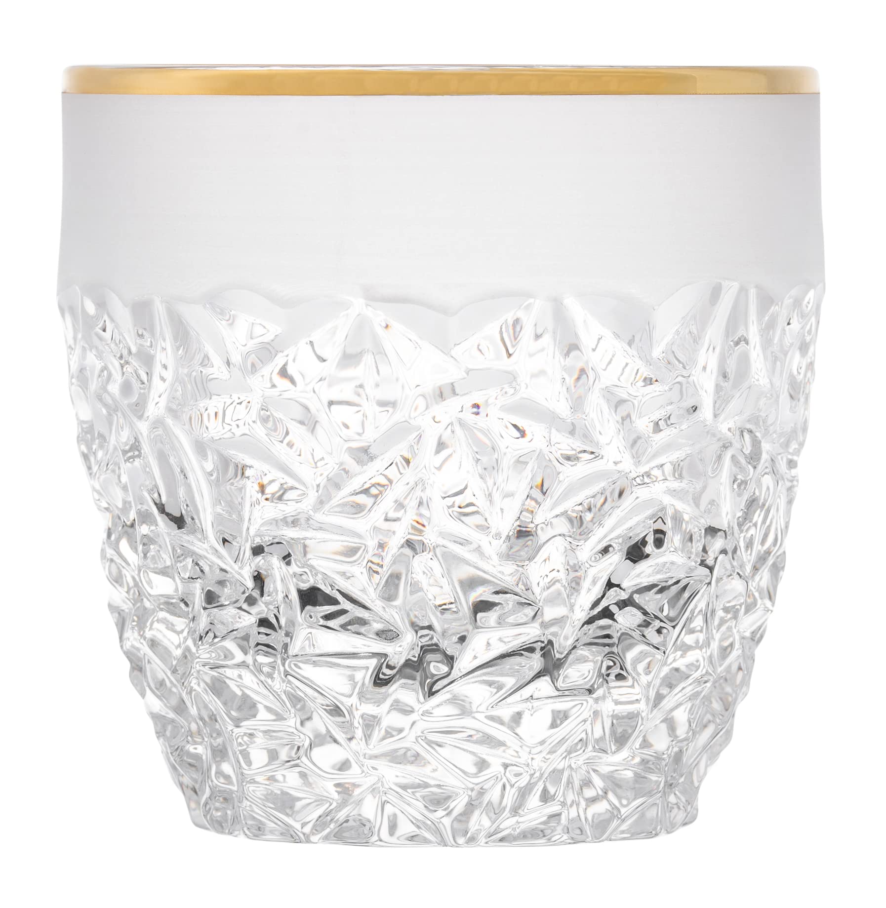 Premium European Crystal Glass Set of 6 - 12 oz Double Old Fashioned Tumblers with Frosted Crack Design & Gold Band - Elegant Barware for Cocktails, Whiskey & Home Entertaining - Made in Europe
