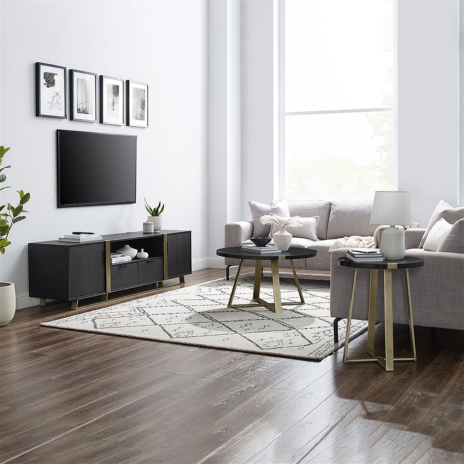 Modern Capri Round End Table - Black Oak & Gold Finish by Criterion | Stylish Side Table for Living Room, Bedroom or Office Decor
