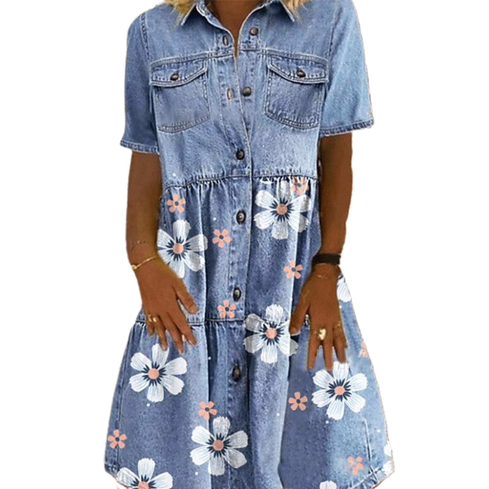 Vintage Floral Print Denim Dress for Women - Short Sleeve Single-Breasted Loose Fit with Pockets | Casual Summer Outfit, Beach Wear & Boho Style Fashion