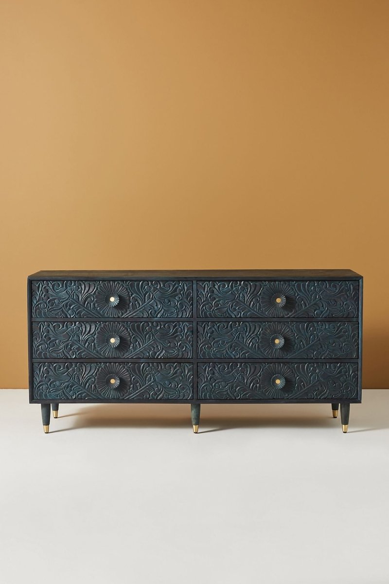 Hand Carved Gulliver 6-Drawer Dresser - Solid Wood Chest for Bedroom, Living Room & Office Storage | Vintage Style Furniture for Home Decor
