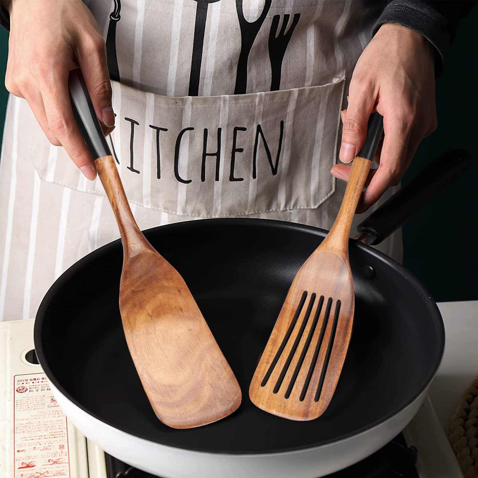 2-Piece Teak Wooden Spatula Set - Non-Toxic Kitchen Utensils for Cooking, Pancake Flipper & Wok Spatula with Slotted & Flat Design - Perfect for Flipping Fish, Eggs & Stirring Sauces (Ideal for Home Kitchen & Outdoor BBQ Use)