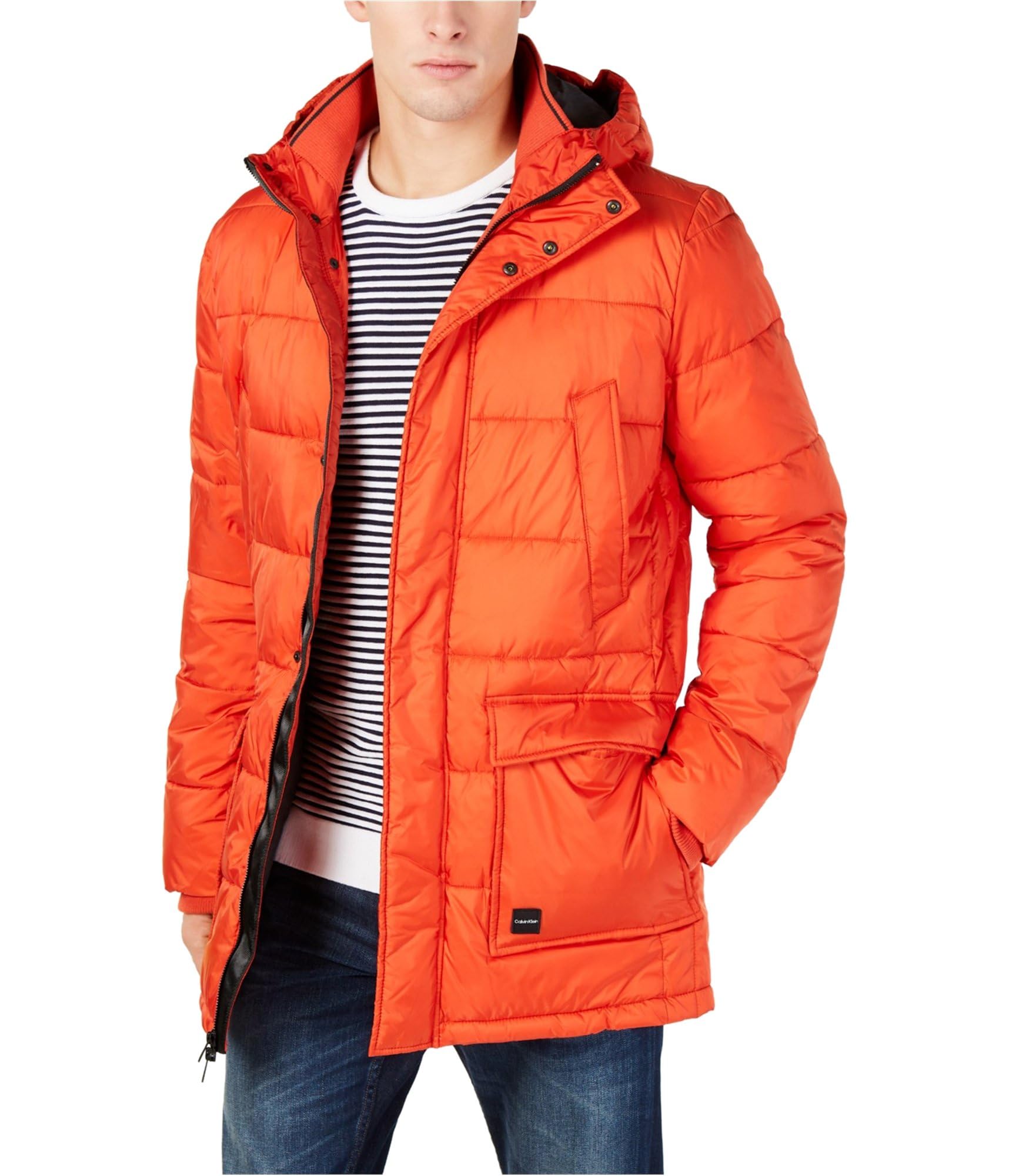 Calvin Klein Men's Winter Hooded Puffer Jacket - Lightweight Insulated Coat, Windproof & Water Resistant, Orange, X-Small - Perfect for Outdoor Activities, Skiing & Cold Weather Fashion
