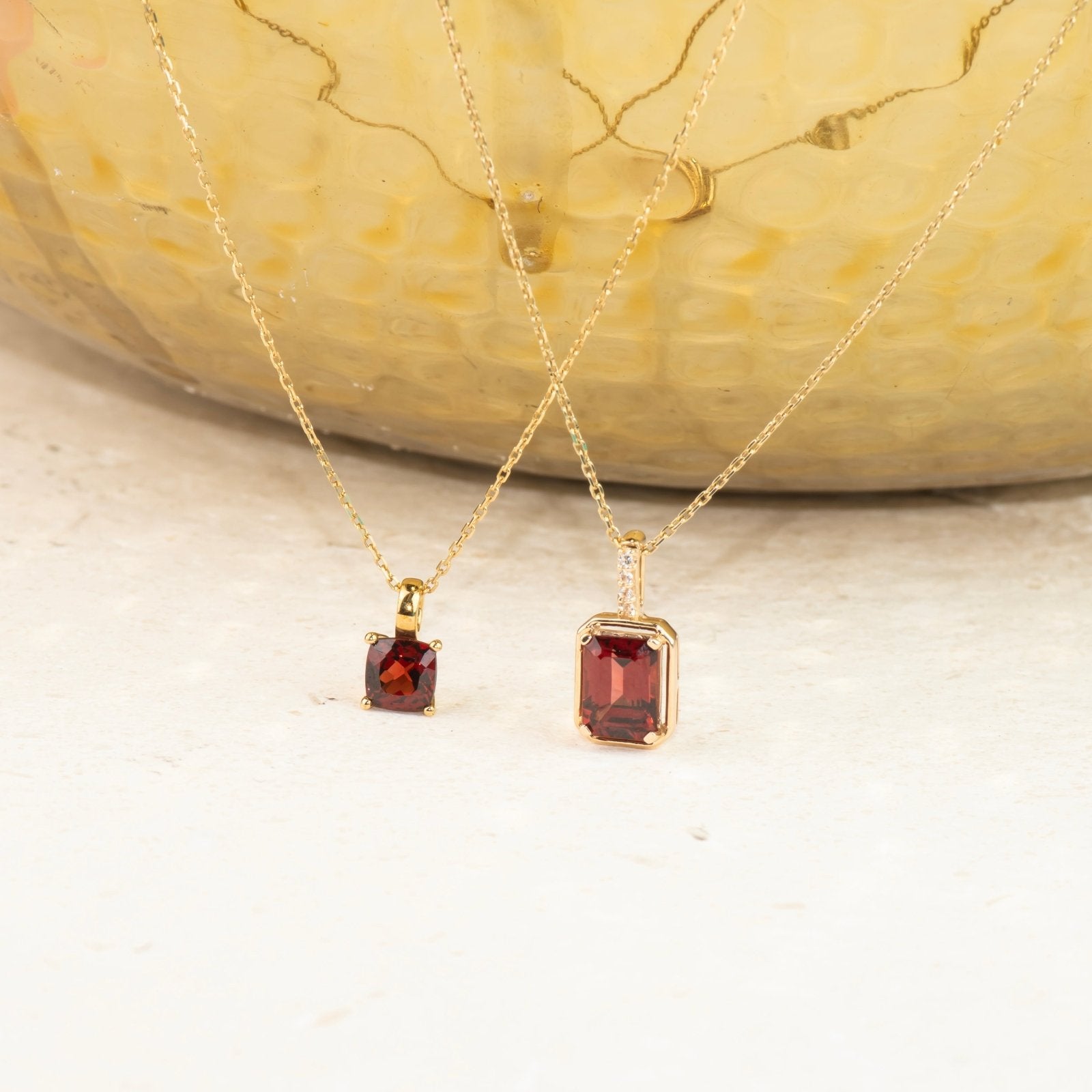 10k Yellow Gold Emerald Cut Garnet Pendant with White Sapphire Bail - Elegant Bezel Set Jewelry for Women, Perfect Gift for Anniversary, Birthday & Special Occasions