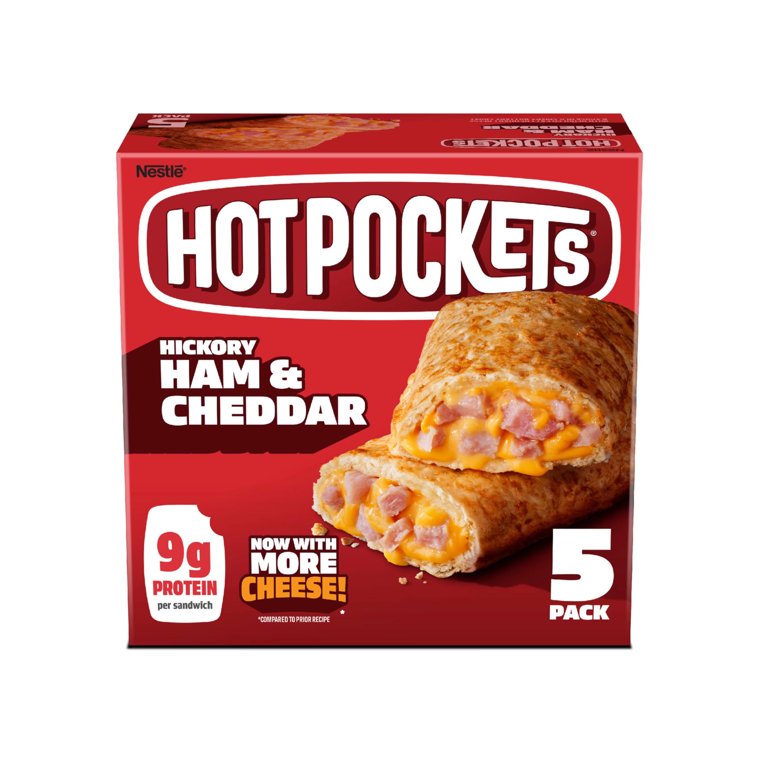 Hot Pockets Hickory Ham & Cheddar Frozen Snacks - Crispy Buttery Crust, Made with Real Reduced Fat Cheese - 22.5oz (5 Count) | Quick Microwave Meals, Easy Lunch Ideas & On-the-Go Snacks for Busy Families