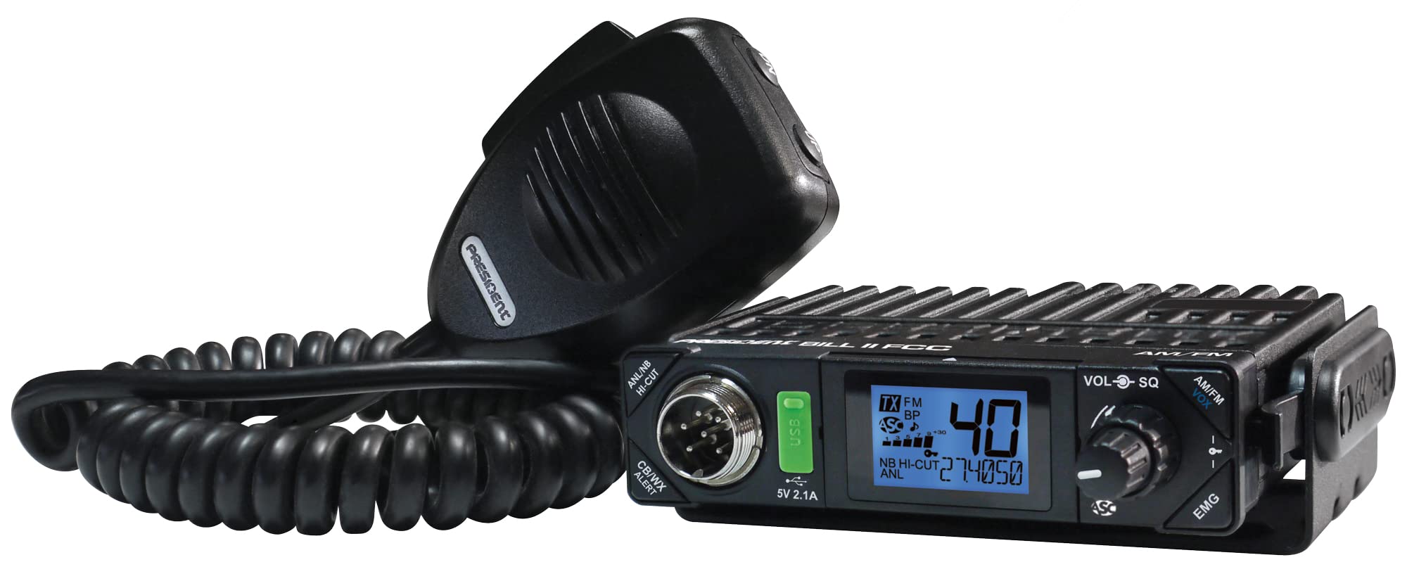 President Electronics BILL CB Radio - 40 Channel AM/SSB, 12V Power, USB 5V/2.1A Charging, LCD Display with S-Meter - for Truckers, Off-Roading & Emergency Communication